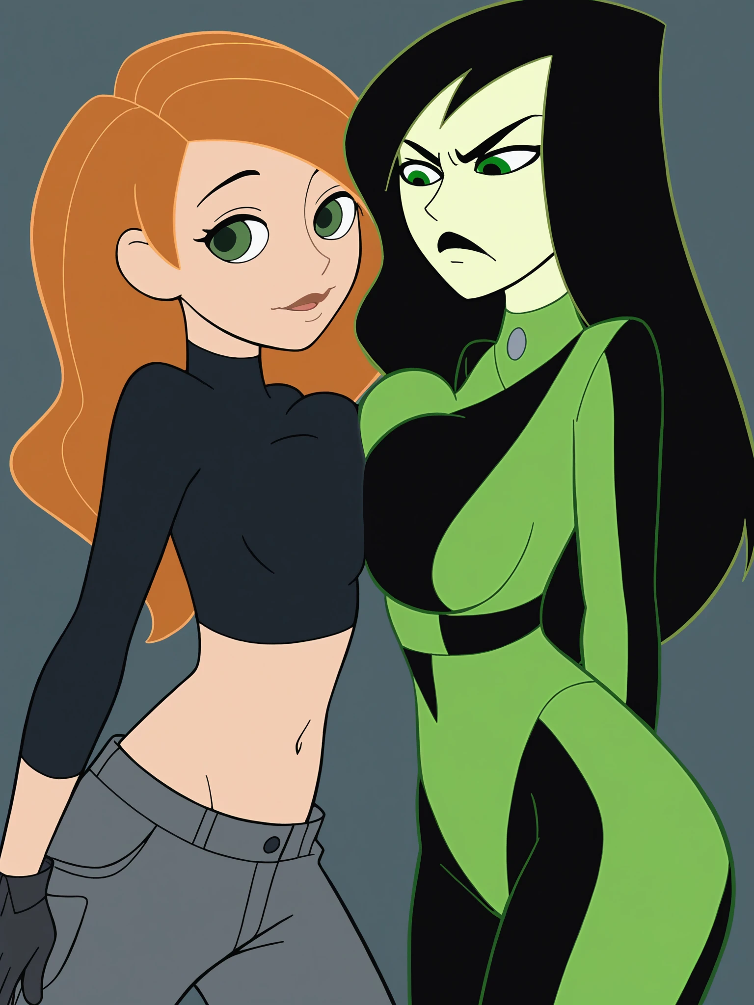 soucre_9, score_8_up, score_7_up, score_6_up, score_5_up, source_anime, smooth_anime,  parody, <lora:Kim_Possible:.75>
Orange_hair,green_eyes, breasts, 2girls, multiple_girls, medium_breasts, breast_press, asymmetrical_docking, long_hair, black_shirt, midriff, grey_gloves, upper_body
Black_hair, green_eyes, green_bodysuit, black_bodysuit, colored_skin, breasts, 2girls, multiple_girls, large_breasts, breast_press, asymmetrical_docking, long_hair,  brown boots, angry, looking_down,