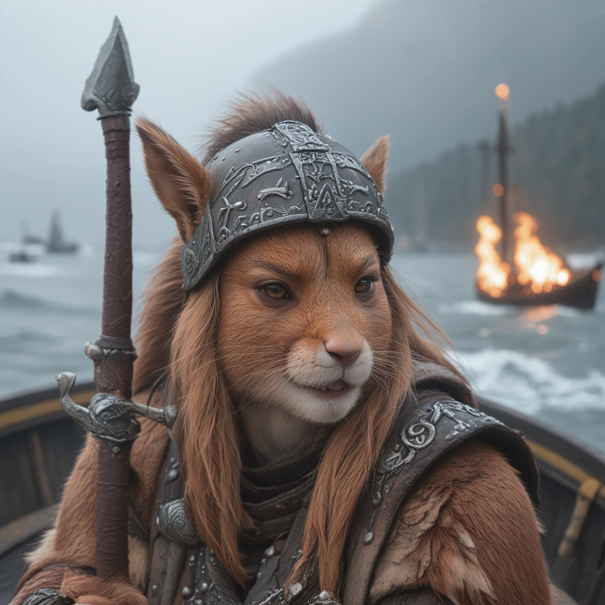 Closeup photo of an anthro viking, squirrel female on his boat , epic pose, natural light, stormy sea, wearing a viking helmet and and viking outfit, runes , angry , burning viking ship in the background, holding a viking sword with glowing runes, high quality photography, 3 point lighting, flash with softbox, 4k, Canon EOS R3, hdr, smooth, sharp focus, high resolution, award winning photo, 80mm, f2.8, bokeh