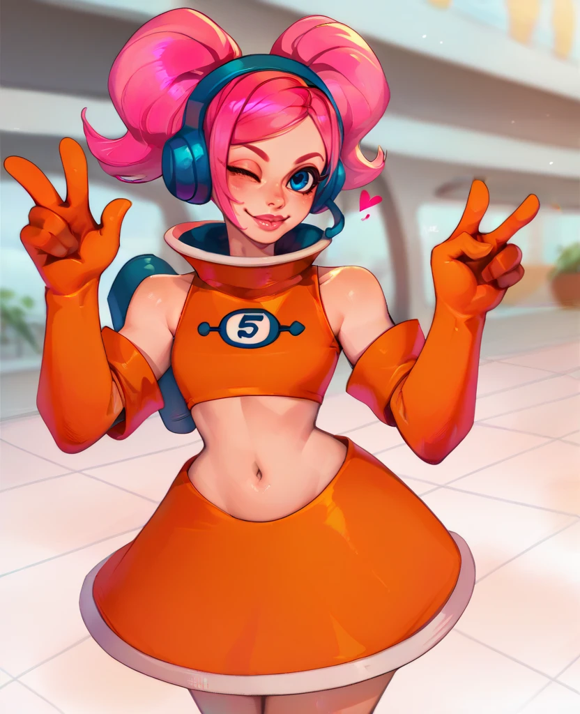 ulala,pink hair,blue eyes,twintails,
orange top,navel,headphones,bare shoulders,elbow gloves,
smile,5
standing,upper body,navel,
outerspace,
(insanely detailed, beautiful detailed face,beautiful detailed eyes, masterpiece, best quality),solo,<lora:ulala:0.8>,