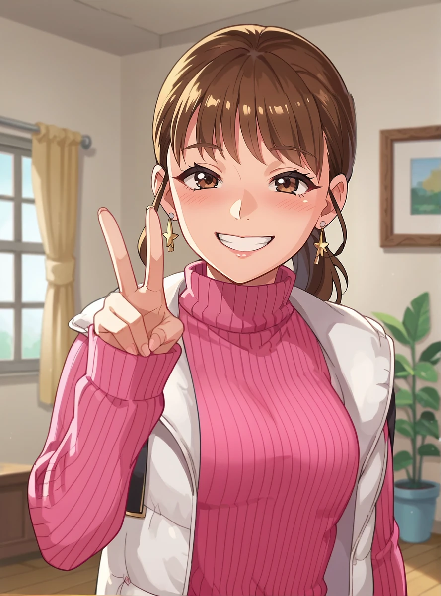 score_9, score_8_up, score_7_up, score_6_up, source_anime, ((anime screencap)), uncensored    (anime coloring), <lora:Mira_Shifuto_Boonboomger:0.7>mirashifutoxl,solo, 1girl, brown hair, smile, sweater, turtleneck, , earrings,, jewelry, brown eyes, pink sweater, jacket  indoors,, looking at viewer,,v_sign upper body,  bedroom