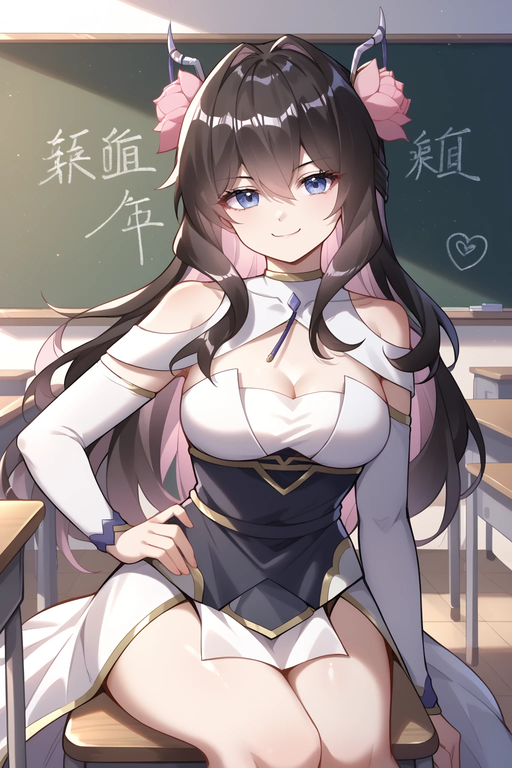 score_9, score_8_up, score_7_up,source_anime,detailed background,1girl,Qin Xuange,long hair, dress, hair ornament, flower, breasts, pink flower, hair flower, white dress, bare shoulders, bangs, cleavage, detached sleeves, black hair, hair between eyes, chinese clothes,classroom, chalkboard, day time, studying, sitting, chair, desk,smile, smug, hand on hips,looking at viewer,dutch angle, cowboy shot