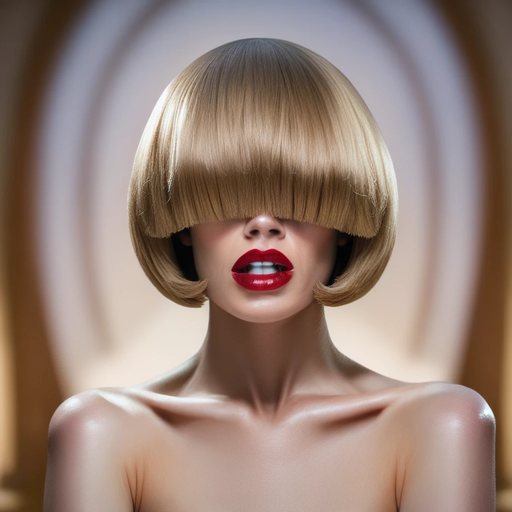 superh41rfutur1st1c,SuperHairFuturistic,Super Hair Futuristic Hair, 1girl, solo, breasts, short hair, bangs, blonde hair, bare shoulders, upper body, nude, parted lips, teeth, blurry, lips, makeup, bob cut, lipstick, realistic, red lips, hair over eyes