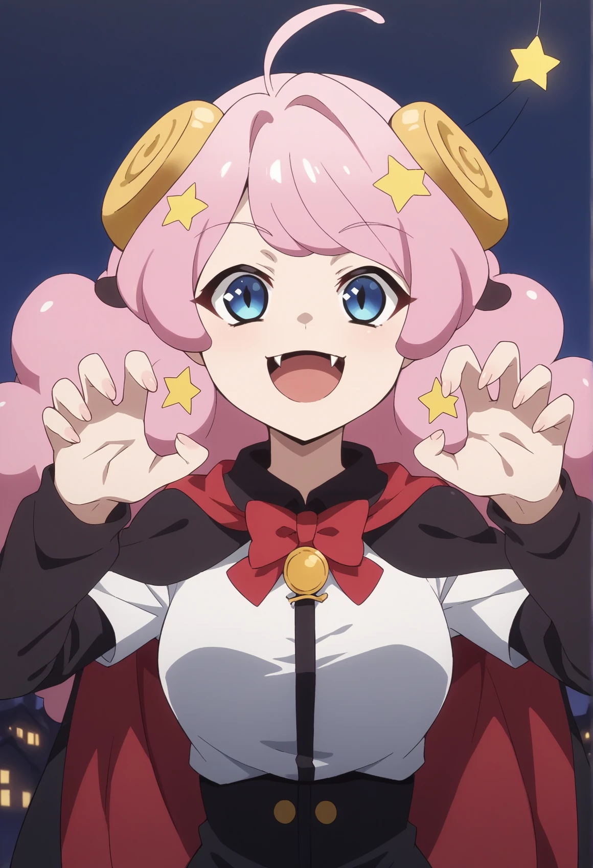 1girl, pink hair, fluffy hair, blue eyes, star (symbol), hair ornament, horns, white shirt, open mouth, vampire, fangs, two-tone cape, red cape, black cape, collared cape, evil smile, claw pose, outdoors, halloween <lora:show_by_rock_moa:0.8>, score_9, score_8_up, score_7_up, score_6_up, score_5_up, score_4_up, BREAK source_anime, masterpiece