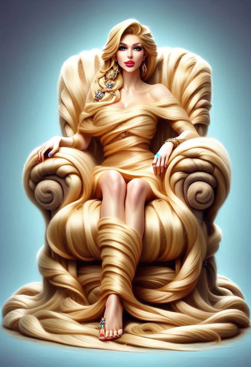 score_9, score_8_up, score_7_up, 
sup3rh41rwr4pp3d,SuperHairHairWrapped, 
1girl, solo, long hair, breasts, looking at viewer, blonde hair, jewelry, sitting, barefoot, nail polish, monster, throne, fine art parody