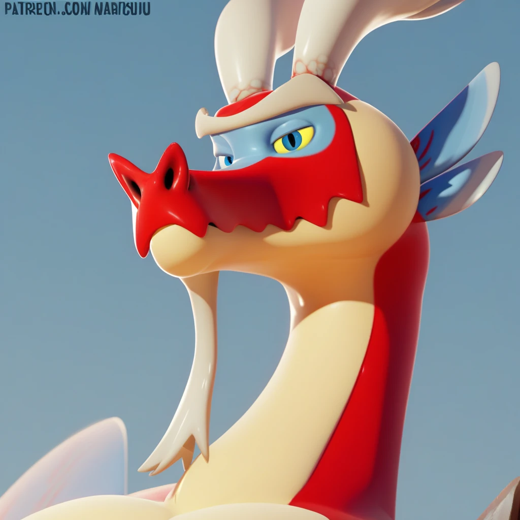 score_9_up, score_8_up, score_7_up, high quality, detailed, 1boy, source_furry, male, solo male, anthro, dragon, long neck, anthro dragon, male, masculine, red skin, light yellow underbelly, light yellow lower jaw, snout, white horns, unibrow, beard, white beard, white eyebrows, blue eyes, yellow sclera, colored sclera, bust shot, looking at viewer