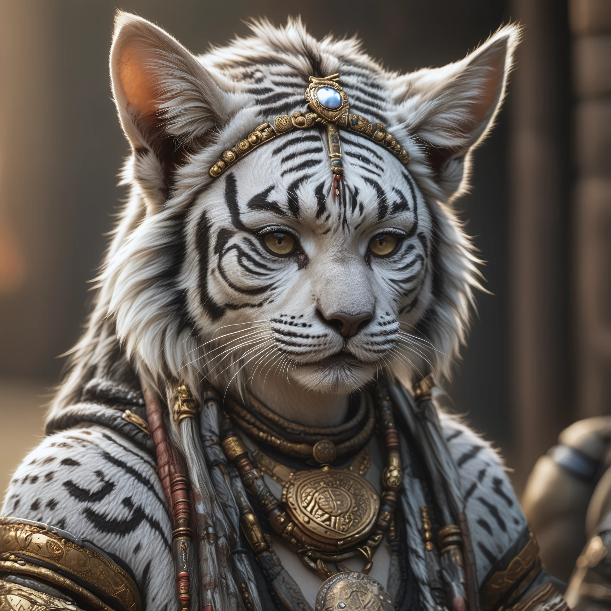 photo, Khajiit female, beautiful, white fur, humanlike face, tiger ears, cat eyes, shaman,gold, bracelets, ear rings, nose rings, awardwinning