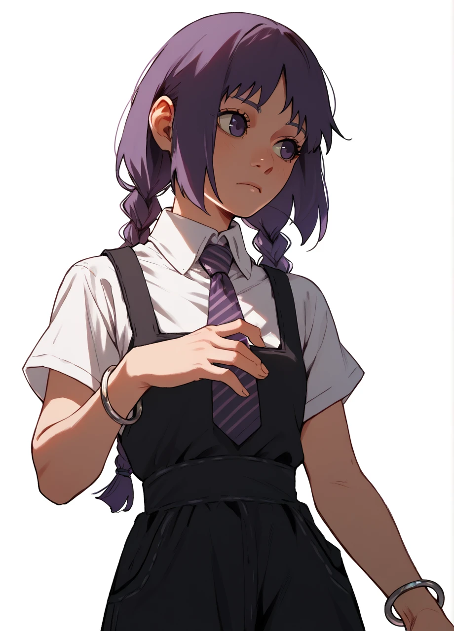 borutosumire, 1girl, purple hair, solo, white shirt, necktie, twin braids, pinafore black dress, bracelets, cowboy shot, white background <lora:Naruto_KakeiSumire-PONY:0.8>, score_9, score_8_up, score_7_up, score_6_up,