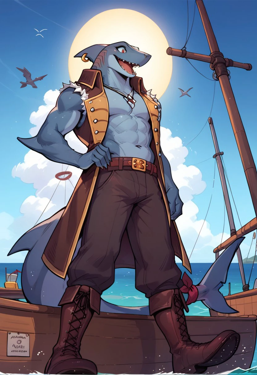 score_9_up, score_8_up, score_7_up, slade, shark, male, furry, blue body, two-tone body, fin piercing, tailband, open vest, pants, belt, shark tooth necklace, boots, standing on boat, ocean, birds in sky, low angle view, sun, arm out, open mouth, looking forward