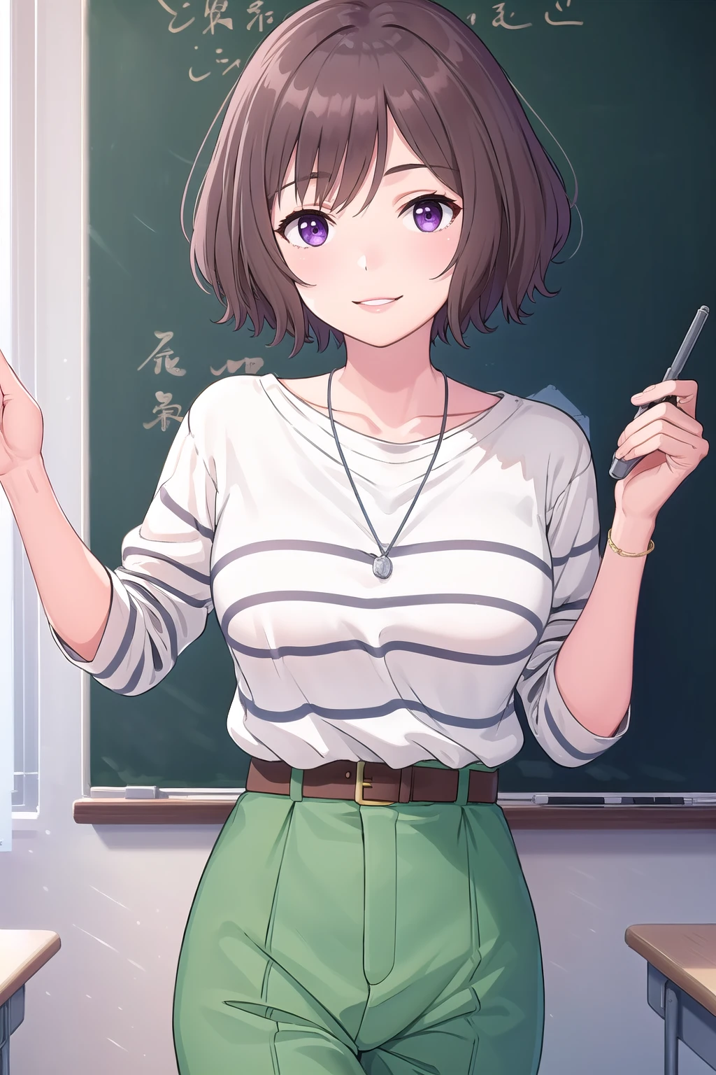 (masterpiece, best quality), highly detailed background, perfect lightingbest quality, neoasari, solo, indoors, classroom, teacher, brown hair, bangs, short hair, purple eyes, medium breasts, necklace, white shirt, striped shirt, short sleeves, shirt tucked in, brown belt, belt buckle, green pants, smile, closed mouth, parted lips, pink lips, <lora:Neo-Asari:0.7>