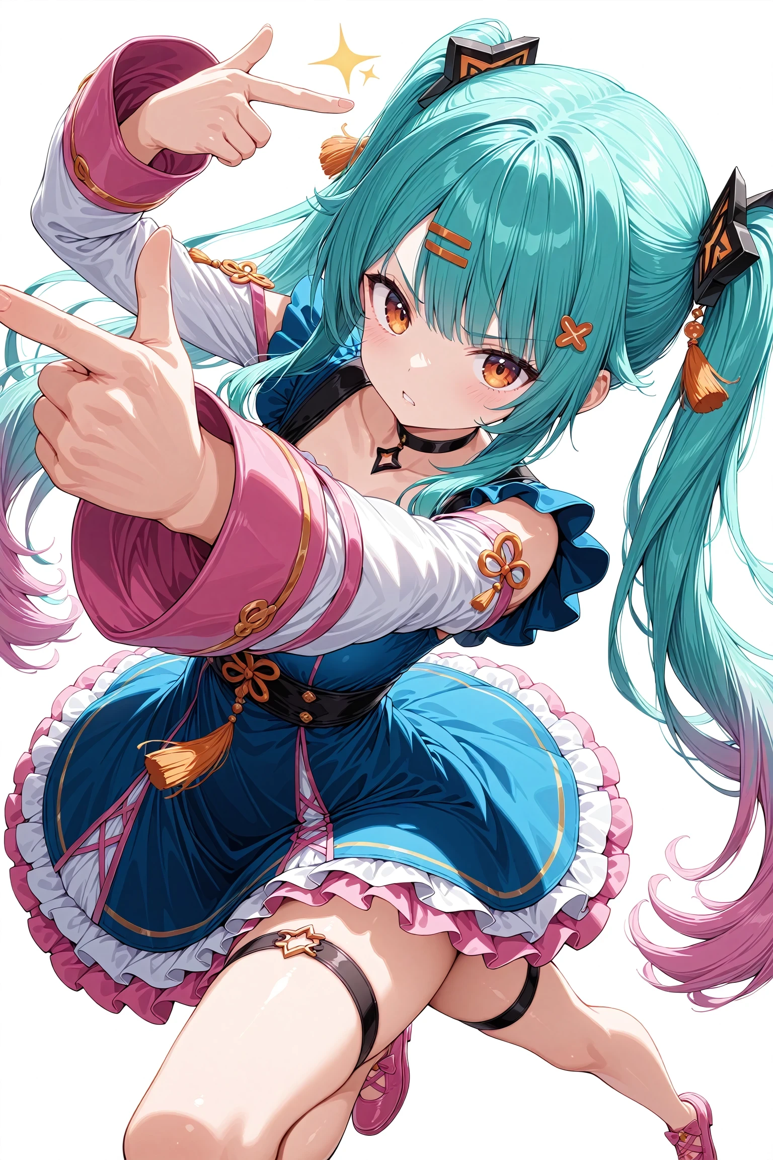 1girl, solo, dynamic angle, dynamic pose, angry, aqua hair, black choker, blue dress, choker, dress, fighting stance, finger gun to head, frilled dress, frills, hair ornament, hairclip, long hair, long sleeves, looking at viewer, multicolored hair, pointing, pointing at viewer, orange eyes, pink footwear, pink hair, shoes, sidelocks, simple background, tassel, thigh strap, twintails, very long hair, white background, white sleeves, masterpiece, best quality