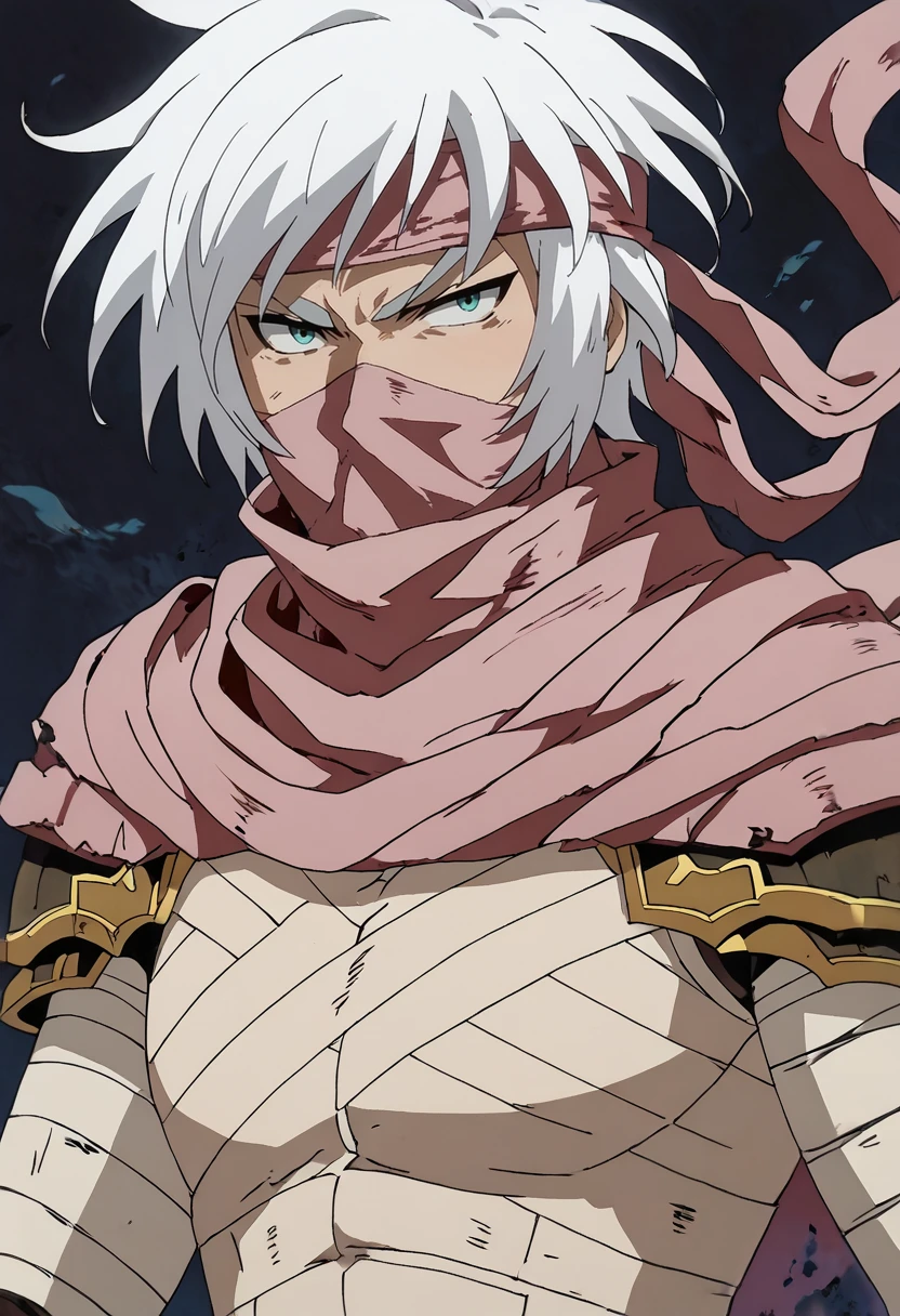 score_9, score_8_up, score_7_up, (masterpiece:1.2), (best quality:1.3), (masterpiece), (best quality), 1boy  <lora:Iruga_Alam_Ragnarok:0.8> iruga_rota, white hair, scarf, mask, headband, simple background, bandages, upper body, weapon, fighting stance, masterful composition, dynamic movement, low light, dark, dim, cinematic lighting, high contrast, rim lighting, ray_tracing, global illumination, glow