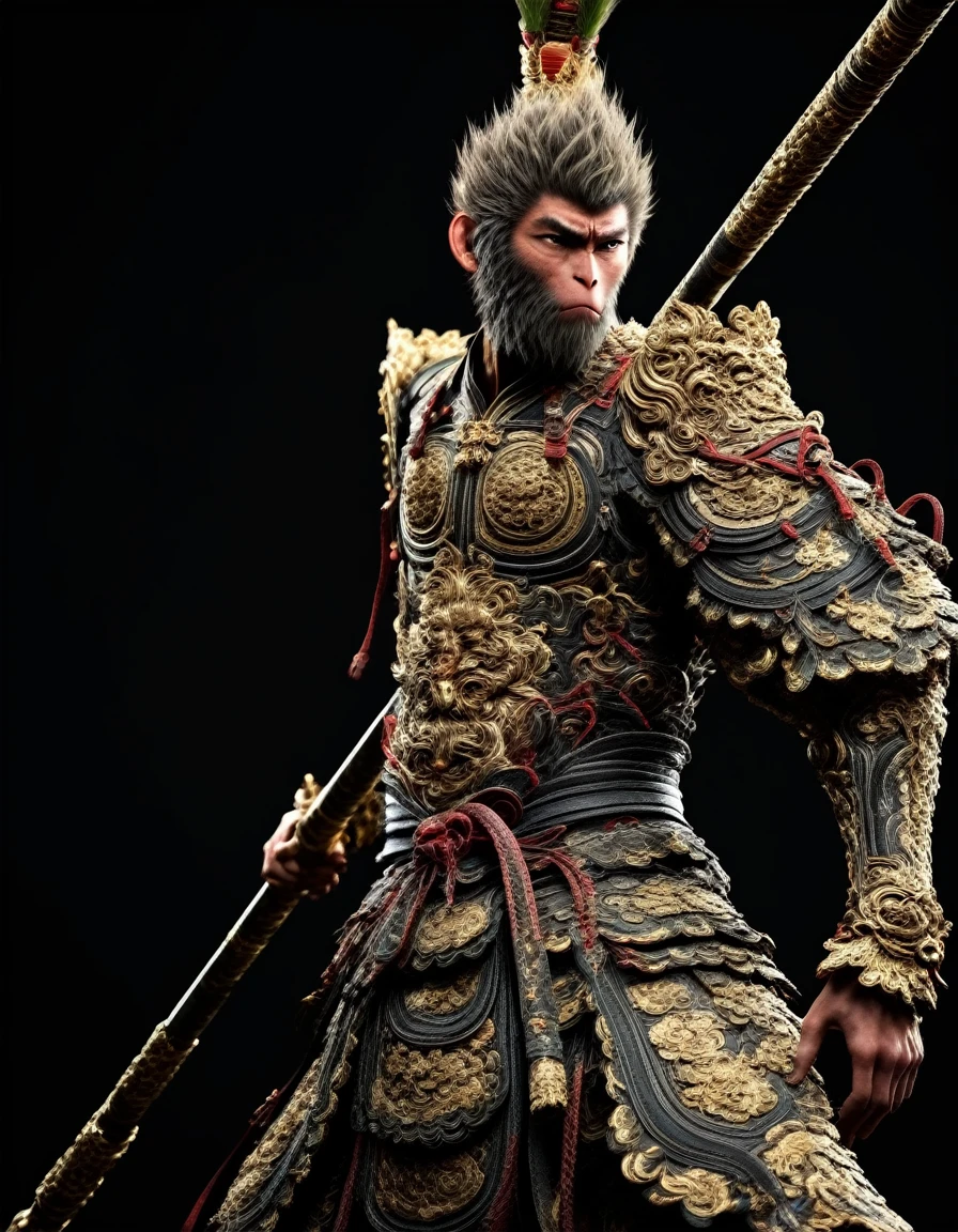 (masterpiece, best quality, stunning, highly detailed,high-contrast palette), ultrarealistic 4k,photoart_style,
wukong, wukong dasheng,male focus, solo, holding Jingu_staff,Jingu_staff, standing,cowboy shot,from below,black background,pool,looking to the side, ,
Cinematic Lighting, movie-level texture, trending on artstation,
<lora:wukong-000010:0.9>,