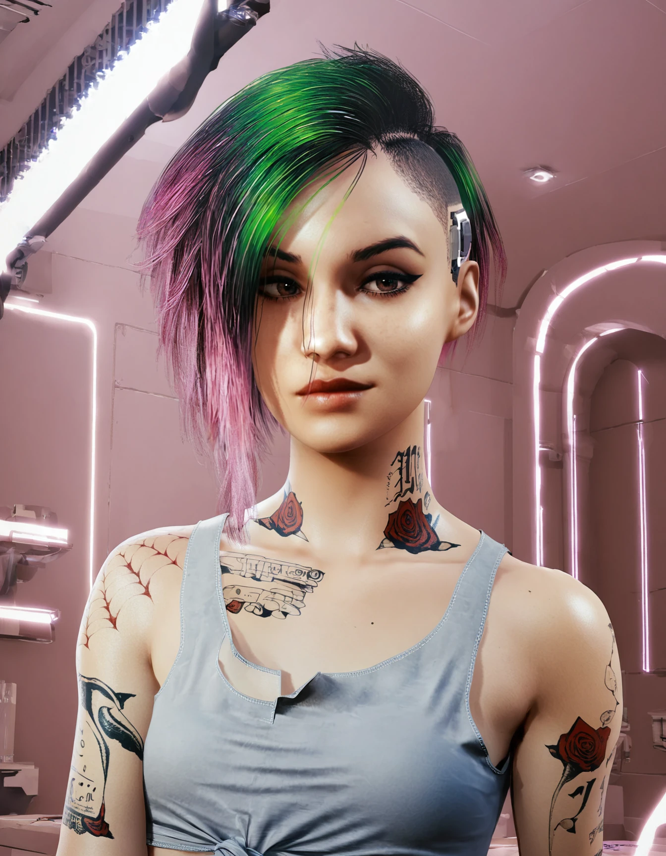 judy alvarez, 1girl, solo, tattoo, short hair, multicolored hair, green hair, looking at viewer, realistic, undercut, pink hair, two-tone hair, makeup, asymmetrical hair, eye makeup, brown eyes, arm tattoo,  <lora:Judy-Alvarez-Pony:0.9>
BREAK
level_9, level_8_up, level_7_up, level_6_up, level_5_up, source_cartoon, masterpiece 
BREAK
small breasts, indoor, neon lights,