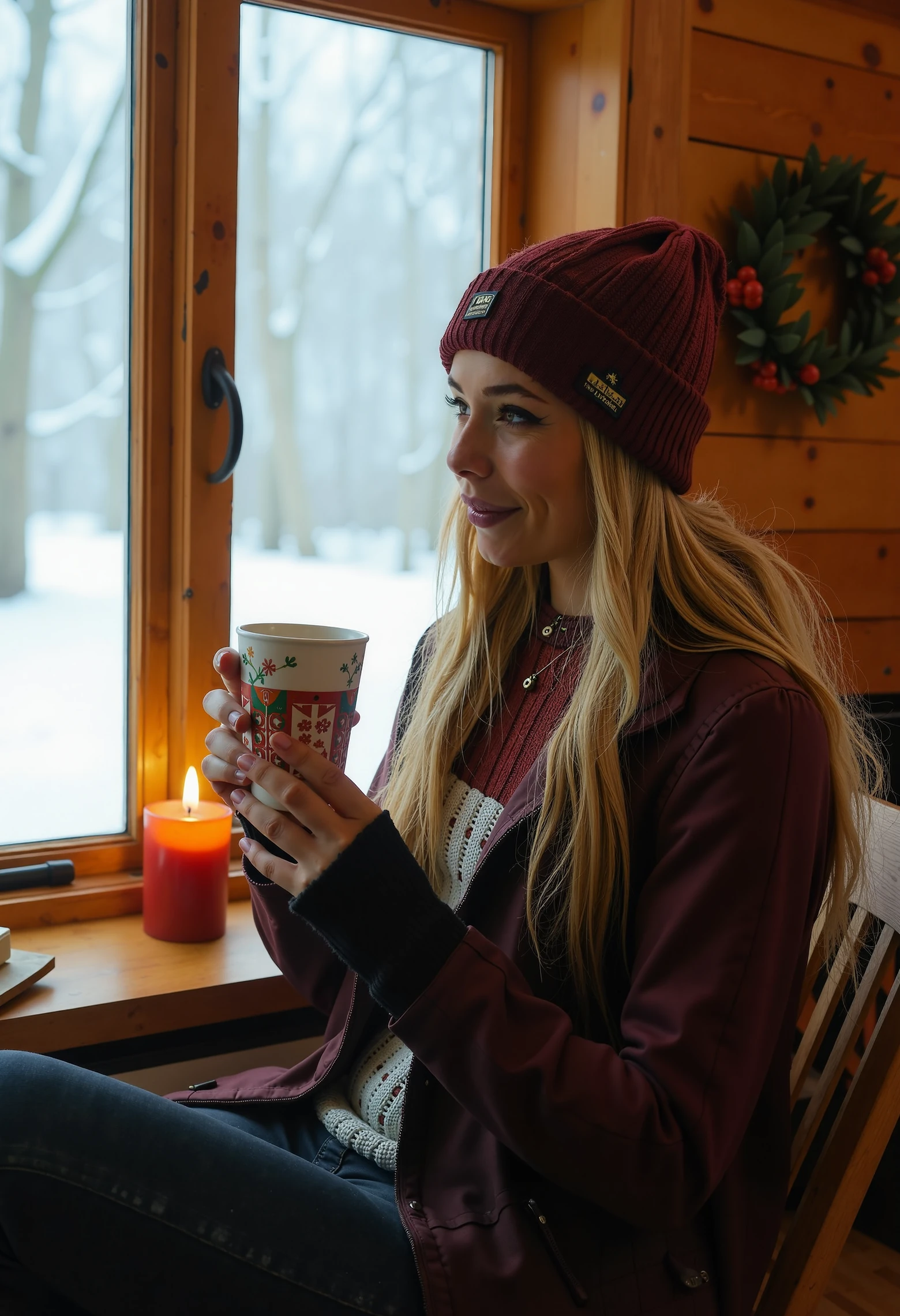 Jutta Leerdam, a woman sitting by a large window in a cozy cabin, snow falling outside, holding a warm cup of tea, peaceful ambiance