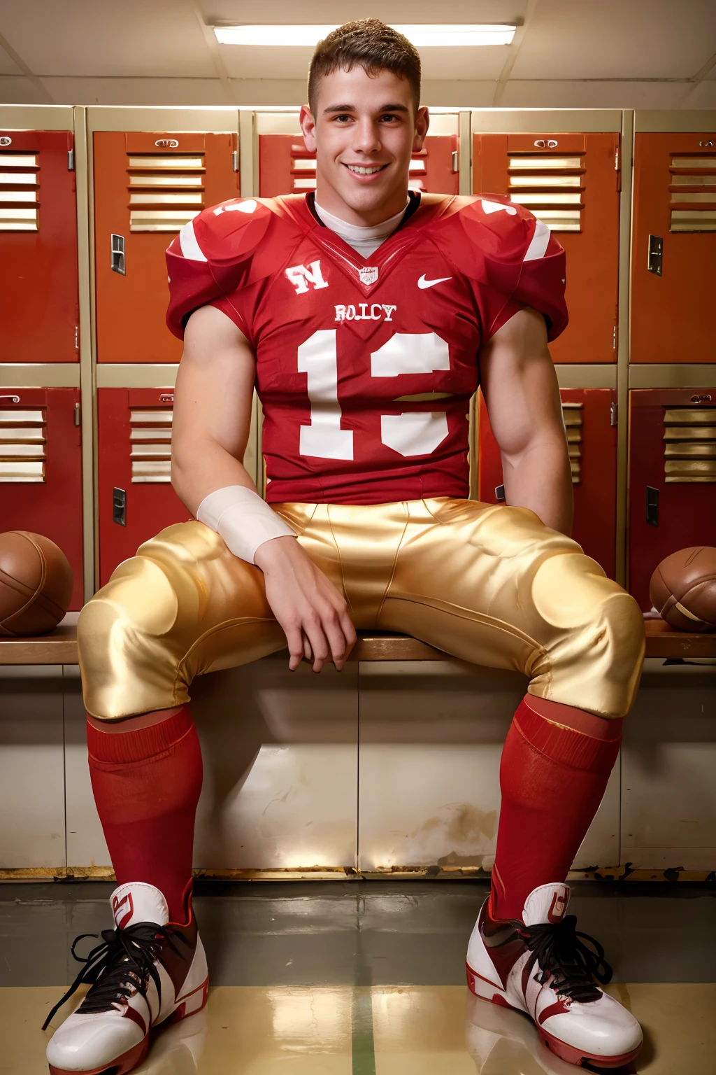 locker room, sitting on a bench, in front of lockers, slightly smiling, JimmyFanz is an (American football player), wearing (football uniform:1.2), (red jersey:1.4), red (shoulder pads), jersey number 11, (pale gold football pants:1.4), (red socks:1.4), long socks, (black sneakers:1.4), (((full body portrait))), wide angle  <lora:JimmyFanz:0.8>