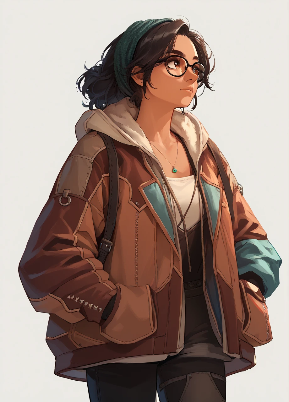 1girl, solo, mhralma, black hair, brown eyes, tan, glasses, hairband, necklace, jacket, pants, cowboy shot, simple background <lora:MHW_Alma-PONY:0.8>, score_9, score_8_up, score_7_up, score_6_up,