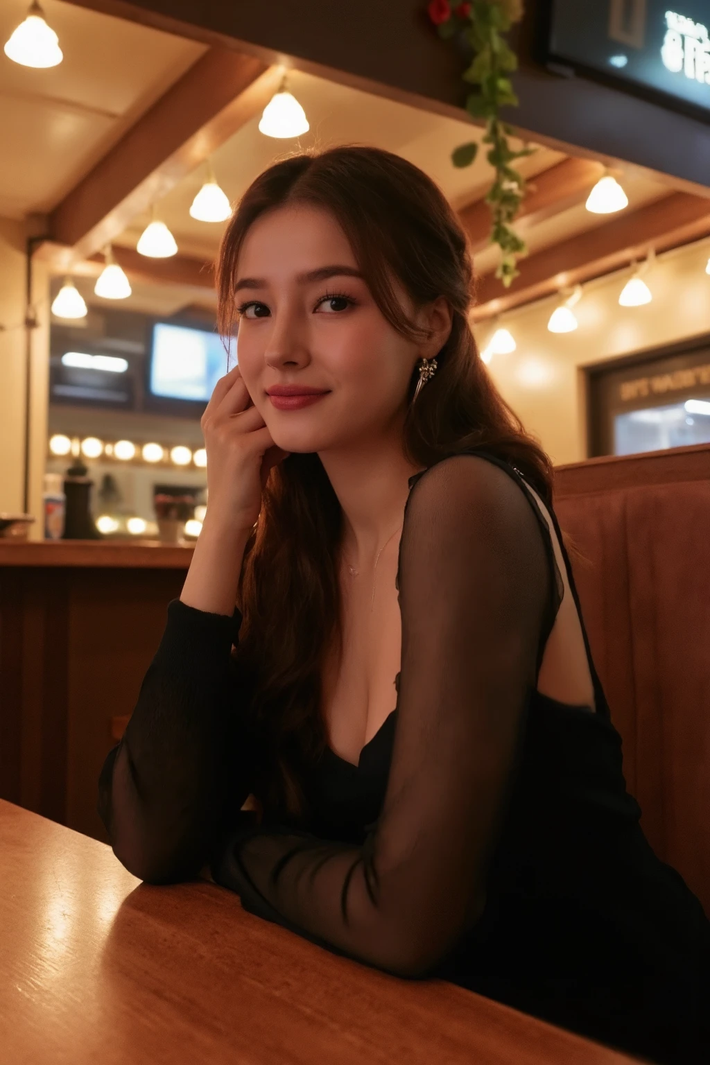 A beautiful woman looking at the viewer, detailed face and skin texture masterpiece,Full-body shot of a beautiful young woman with short medium twin ponytails, medium round breasts, seductive smile, Wearing a black dress with sheer sleeves with a closed zipper, nightbar, sitting at a table and leaning forward on the table, pov view, soft lightning