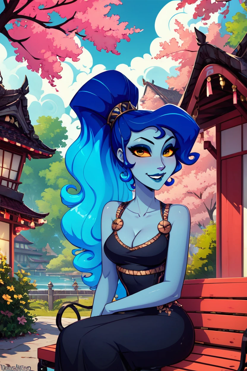 score_9, score_8_up, score_8, medium breasts, (curvy), cute, eyelashes, ,,, , ,,, zzHadesMeg, yellow eyes, colored sclera, colored skin, blue skin, fiery hair, long hair, blue hair, ponytail, makeup, lipstick, bare shoulders, dress, black dress, long dress, blue lips, cleavage, eyeshadow, jewelry <lora:HadesMeg_PDXL:1.0>, ,,, , BREAK, sitting on bench, side view, smile, looking at viewer, cowboy shot, ,,, BREAK, pnkBldng, sky, day, cloud, tree, blue sky, building, architecture, east asian architecture, ,,, BREAK, embedding:zPDXL, Expressiveh, ,,, <lora:PinkBuildingsPDXL_v2:0.6>, <lora:SDXLFaeTastic2400:0.5>, <lora:Expressive_H-000001:0.4>