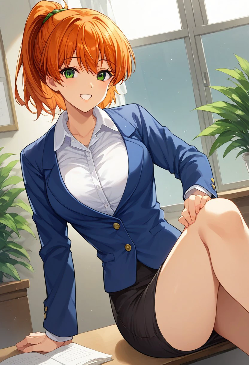 score_9, score_8_up, score_7_up, source_anime,Orange hair, Ponytail, Big Breasts ,Slim, ,Young-adult, green eyes, medium hair,Spiky Bangs, indoors, 1girl, solo,looking at viewer, happy, white shirt,blue office jacket, brown pencil skirt, bare legs,