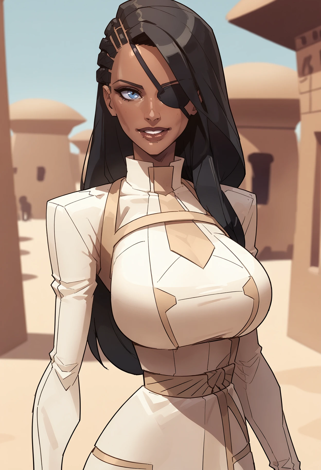 (masterpiece, top quality, best quality, official art, beautiful and aesthetic:1.2), (1girl:1.3), long wavy black hair, tanned skin, extremely detailed, portrait, looking at viewer, solo, (full body:0.6), detailed background, close up, mischievous eyes, (hot summer desert Arabia theme:1.1), Persian duelist woman, dark makeup, charlatan, smirk, mysterious, walking in desert, revealing blue and gold and sapphire Arabian harem girl attire, poofy blue pants, tight tube top, jewelry, armlets, elaborate necklaces, blue fabric, gold jewelry, precious stones, scimitar, curved sword, gigantic breasts, cleavage, skindentation, slim waist, slim hips, long legs, ancient (Arabian palace exterior:1.1) background, dark mysterious lighting, shadows, magical atmosphere, dutch angle, (((balsamique)))