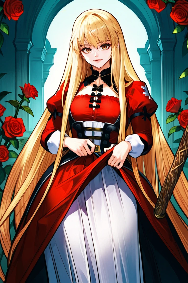 zPDXL3, score_9_up, score_8_up, score_7_up, Anime_source,  1girl, mookhyang, blonde hair, long hair, bangs, brown eyes, very long hair,dress,puffy sleeves,flower,rose,red dress,red flower,red rose,skirt hold,long dress, huge beasts, looking at view