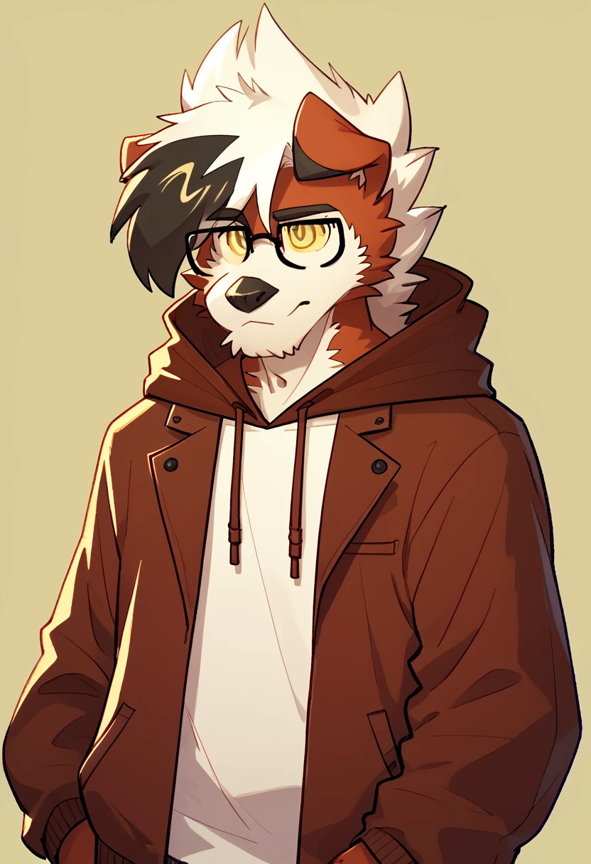 score_9, score_8_up, score_7_up, nickiestyer_oc, furry, solo, yellow eyes, multicolored hair, glasses, simple background, hoodie, <lora:Nickiestyer_OC:1>