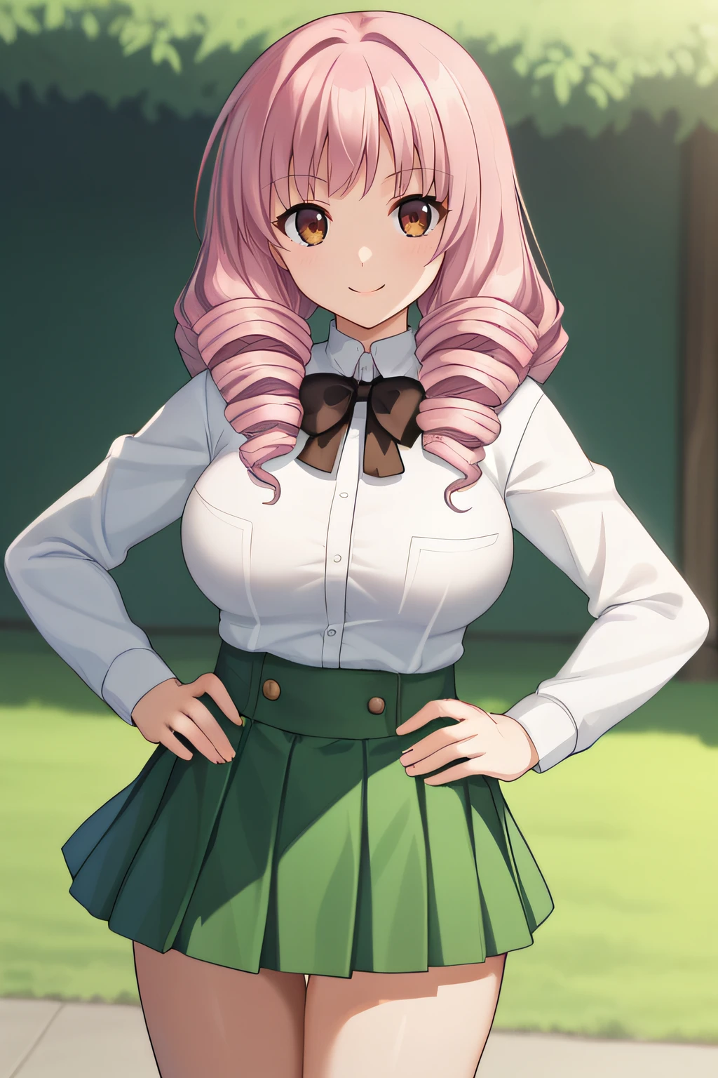 score_9, score_8_up, score_7_up, source_anime, rating_safe, intricate details, anime screencap, official style, 1girl, solo, <lora:Mikado_Shiina:1>, misha, pink hair, brown eyes, drill hair, school uniform, large breasts, white shirt, long sleeves, skirt under shirt, green skirt, pleated skirt, thighs, looking at viewer, smile, indoor, cowboy shot, hands on hips