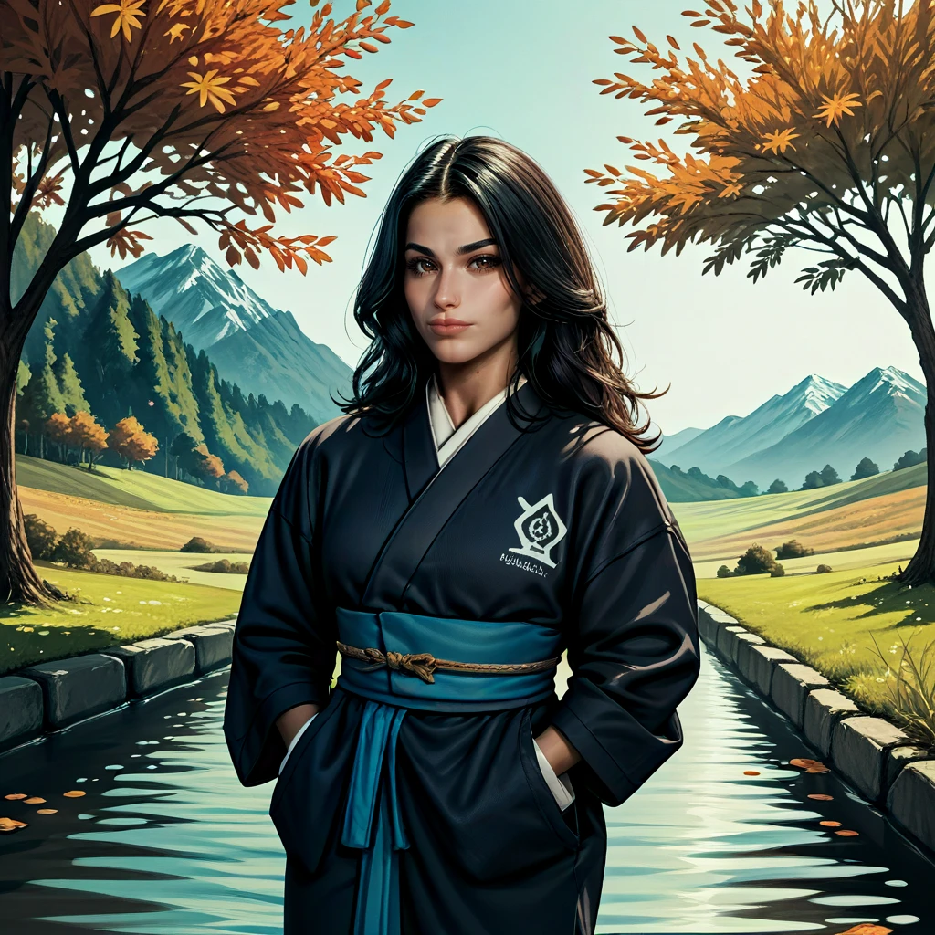rating_safe, zPDXL3, score_9, score_8_up, score_7_up, score_6_up, score_5_up, score_4_up, highres, incredibly absurdres, highly detailed, dim lighting, closed mouth, outdoors, 1girl, solo, saffai, black hair, long hair, brown eyes, toned, kimono, long sleeves, looking at viewer <lora:Saffai-000007:0.7>