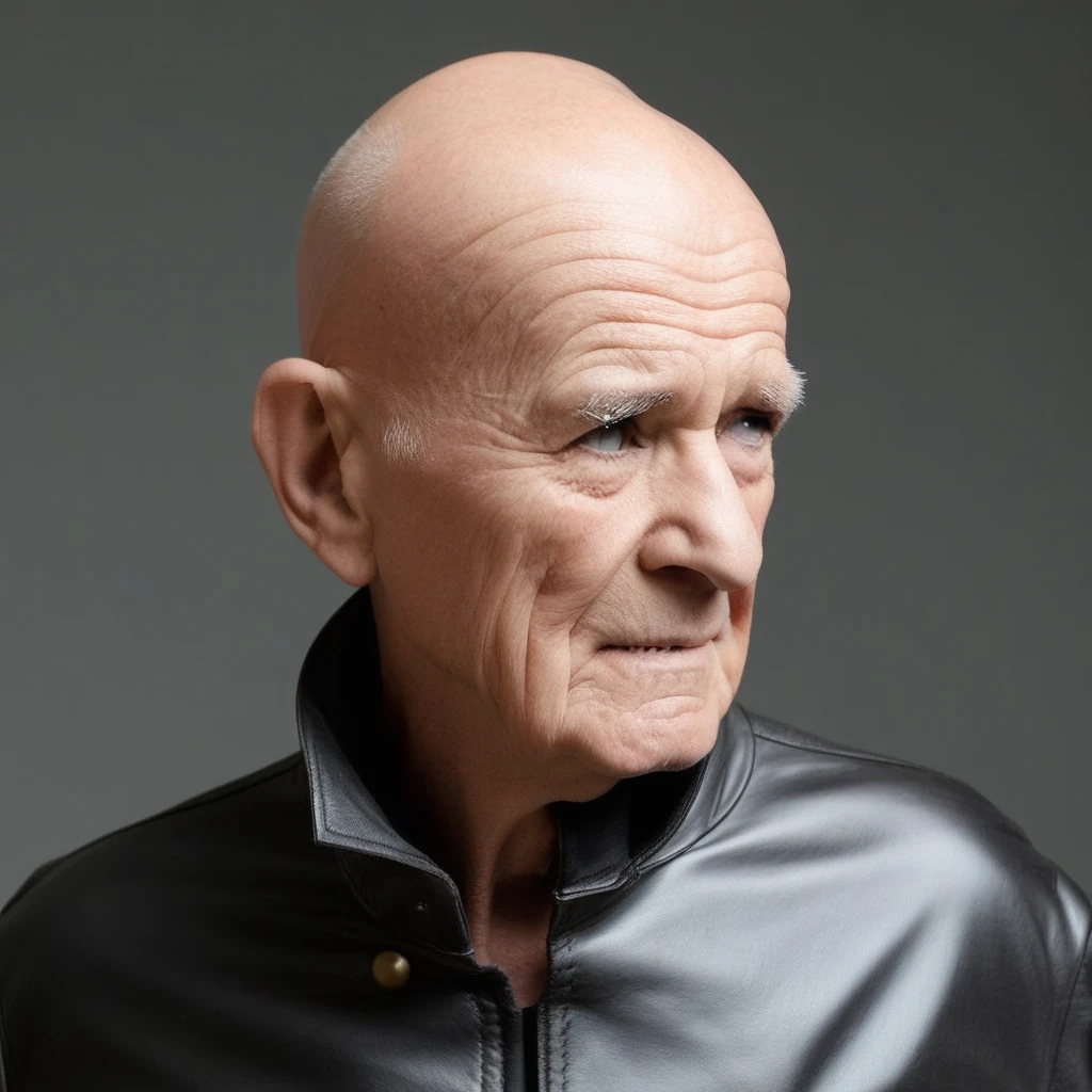 a 80 year old man with a smooth bald head, wearing leather clothing