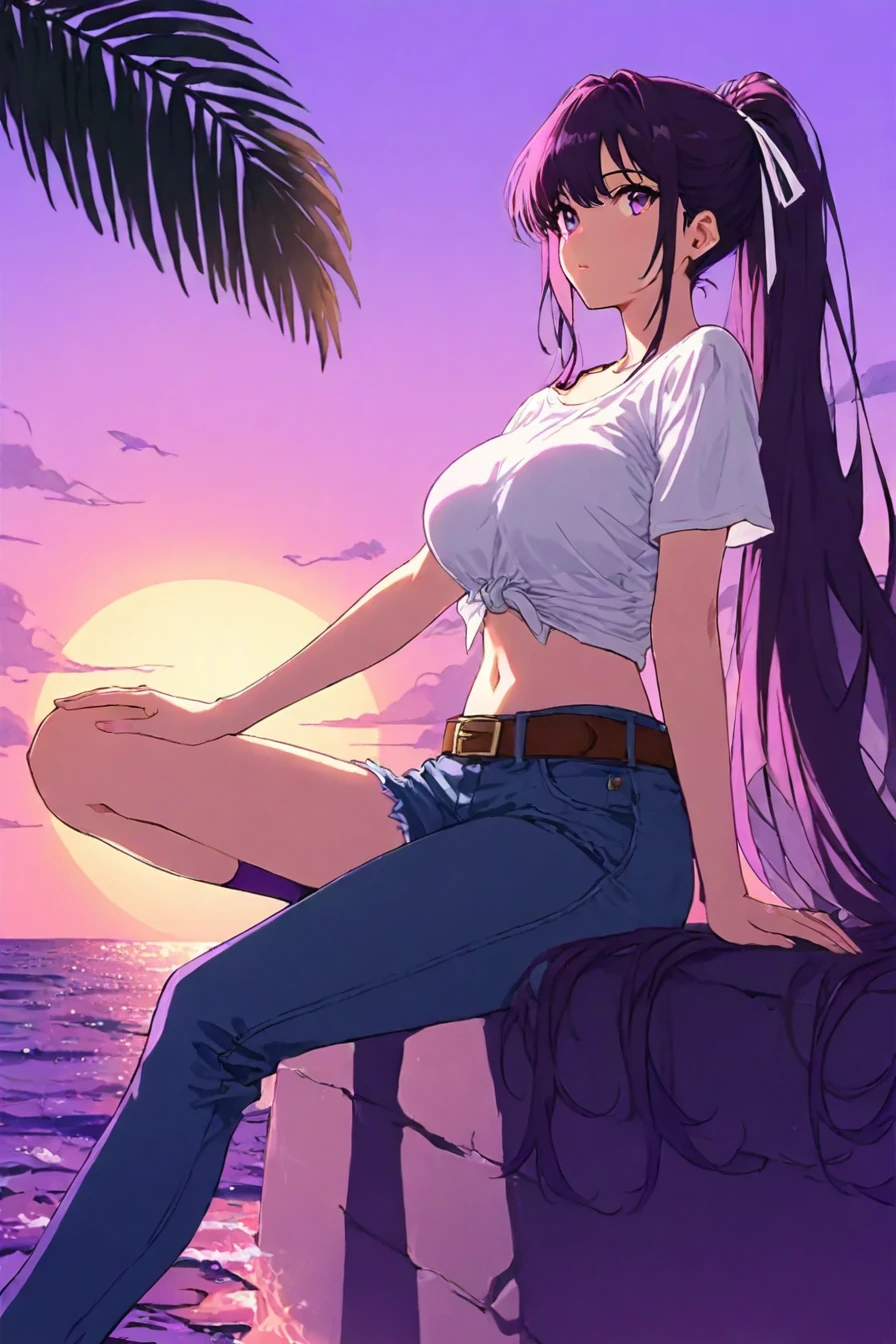 score_9, score_8_up, score_7_up, score_6_up, score_5_up, score_4_up,   asymmetrical clothes, navel, purple eyes, very long hair, tied shirt, midriff, hair ribbon, single pantsleg, white shirt, ponytail, black hair, large breasts, jeans, white ribbon, brown belt, purple hair, asymmetrical legwear, <lora:Lofi_style:0.8>, 1girl, solo, alone, lofi_style, lofi,  masterpiece, sitting, highres, sunset, palm, sea, purple background