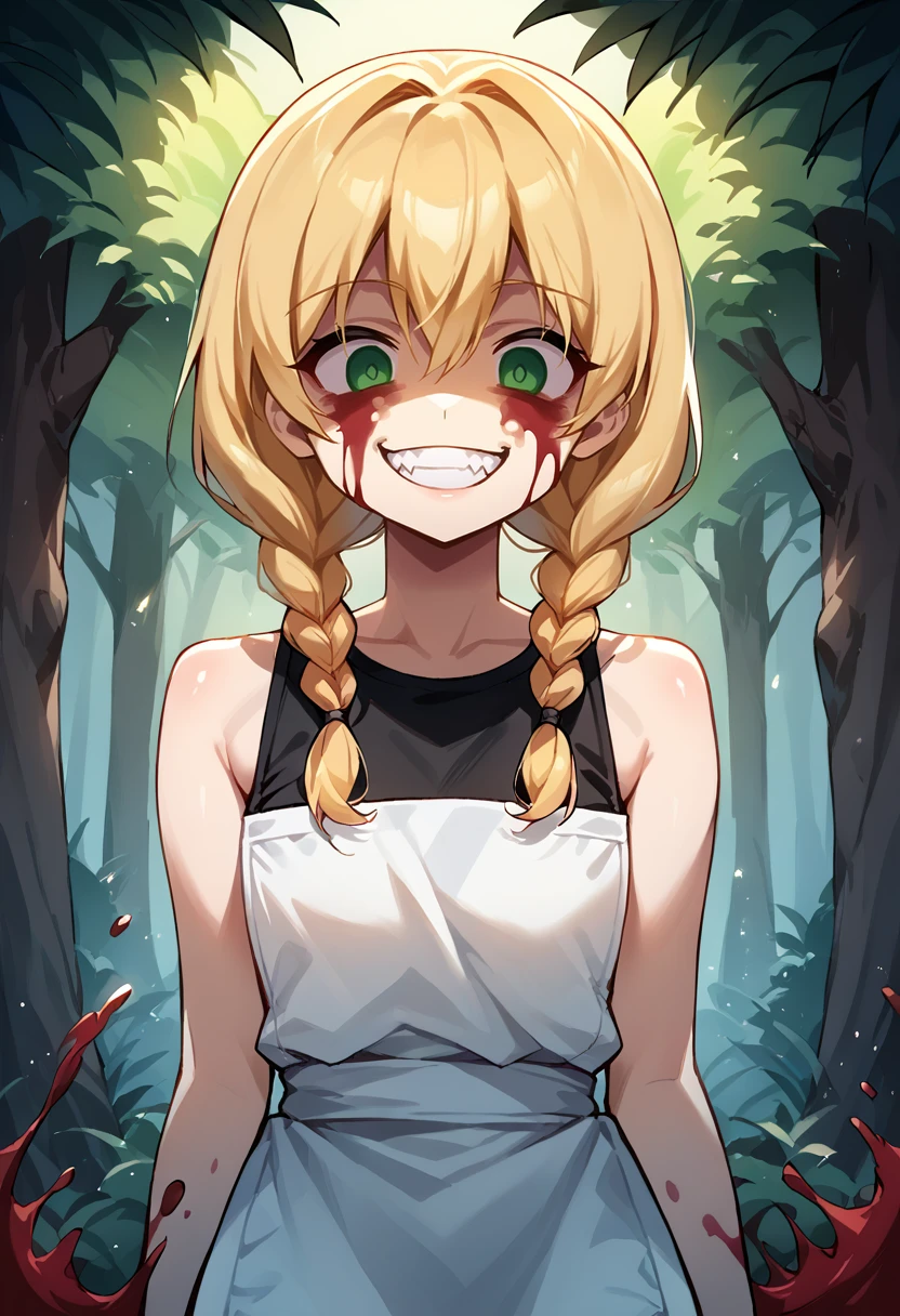 masterpiece, best quality, source_anime, uncensored, score_9, score_8_up, score_7_up, score_6_up, score_5_up, score_4_up, 1girl, solo, viola, blonde hair, twin braids, hair over shoulder, green eyes, expressiveh, sleeveless dress, dress, black sports bra, white apron, evil grin, evil smile, grin, evil eyes, crazy eyes, teeth, shaded face, blood, aura, blood on face, outdoors, forest <lora:EllenViolaWitchHouse:0.8> <lora:add-detail-xl:0.5> <lora:cfg_scale_boost:0.5> <lora:Expressive_H:0.6> <lora:evil-grin-ponyxl-lora-nochekaiser:1>