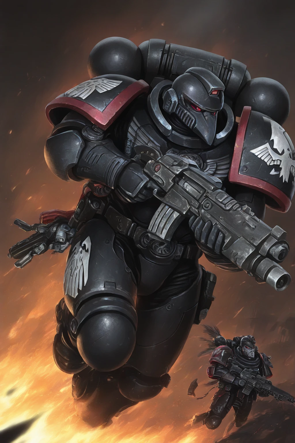 masterpiece, best quality,jumping motion,attack,fire gun
edgRG, solo, red eyes, 1boy, weapon, male focus, holding weapon, armor, gun, glowing, helmet, holding gun, rifle ,wearing edgRG_(power armor),beaky helmet,pauldrons,raven emblem,
 <lora:edgIllustriousXL_Raven_Guard:1>