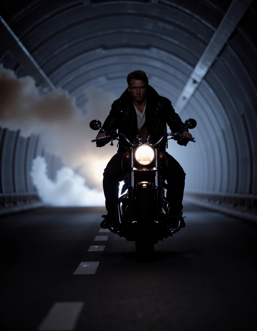 cinematic film still of  <lora:1984 Film style (The Terminator) v1:0.8> 1984 Film style
In the 1980's Terminator a man riding a motorcycle down a tunnel with smoke in background, shallow depth of field, vignette, highly detailed, high budget, bokeh, cinemascope, moody, epic, gorgeous, film grain, grainy