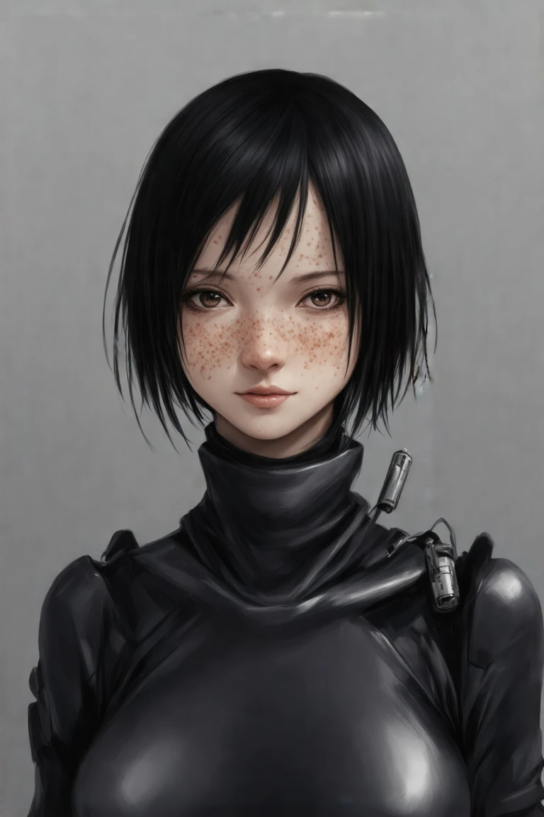 This image is a digital drawing in a semi-realistic style by Tsutomu Nihei , showcasing a close-up of a young woman's head and upper torso. The woman has short, straight black hair that frames her face, with a few strands falling over her forehead. Her skin is light with a slight tan, and her face is adorned with a scattering of freckles across her cheeks and nose. She has a strong, angular jawline and high cheekbones, giving her a somewhat stern appearance. Her eyes are large and almond-shaped, with a piercing gaze that seems to look directly at the viewer. 

She is wearing a high-tech, futuristic outfit with a dark, metallic sheen, which covers her shoulders and neck. The outfit features segmented, armor-like pieces that have a textured, almost ridged appearance, suggesting a high level of protection. A small, metallic cylinder is visible near her neck, adding to the high-tech aesthetic. The background is a gradient of soft, muted greys and blacks, which helps to highlight the woman's features and the intricate details of her outfit. The overall mood of the image is intense and futuristic, with a focus on the character's stoic and somewhat alien appearance.