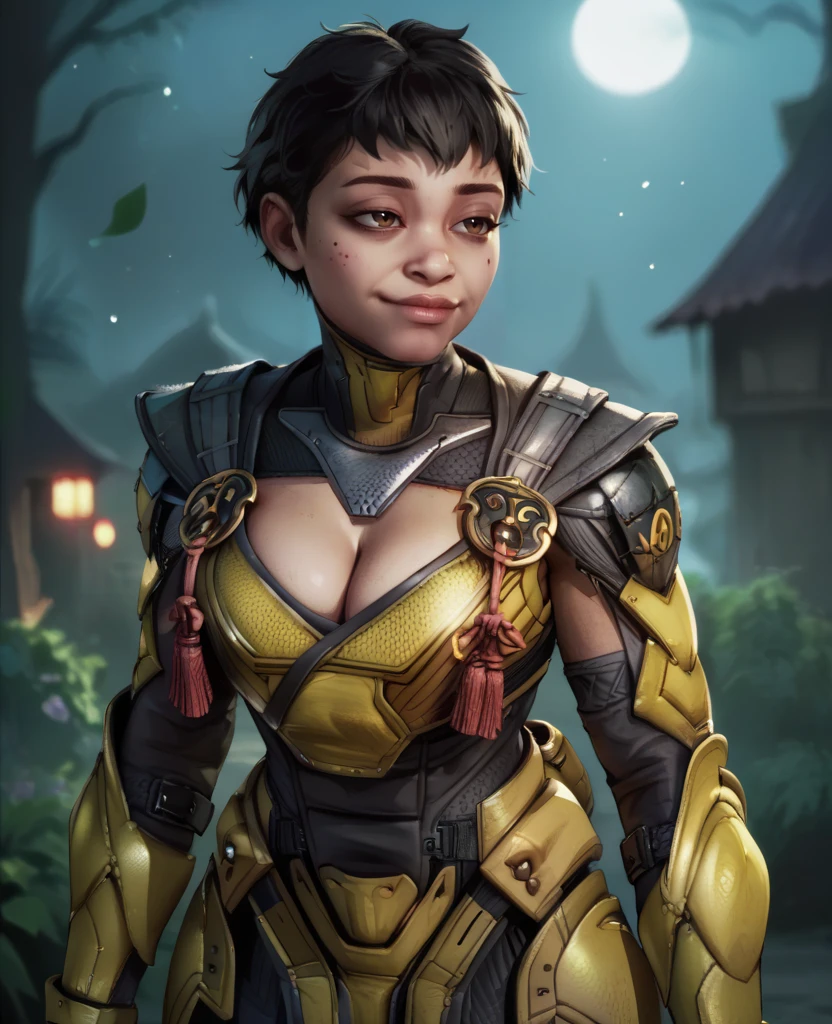 score_9,score_8_up,score_7_up,score_6_up,
cyraxmk1,black hair,brown eyes,short hair,
cleavage,clothing cutout,light injury,
standing,
yellow armor,smug,
outside,night,<lora:Cyraxmk1xl-12-51:0.8>,