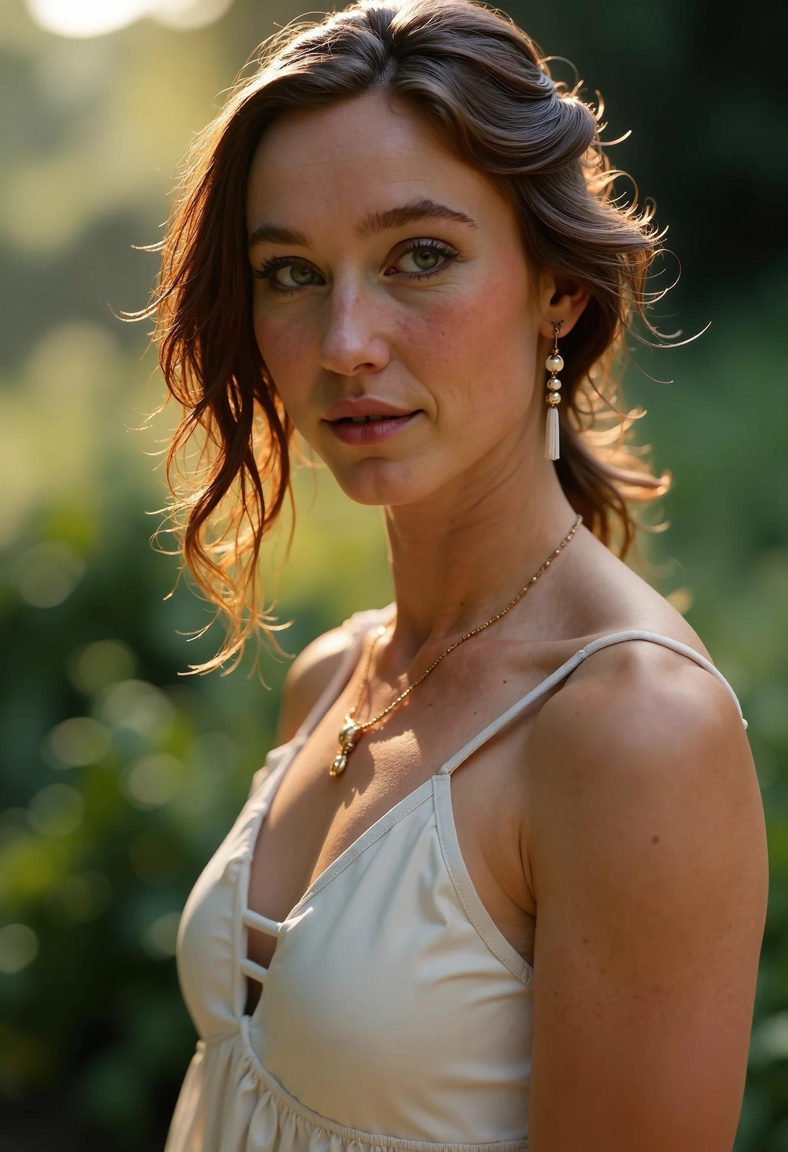 Suzanne Schulting, a woman standing in a sunlit forest, dappled light on her face, wearing a flowing white dress, serene expression, cinematic lighting, soft depth of field, high detail, photorealistic, vibrant colors, ultra-sharp focus, 8k resolution, subtle bokeh