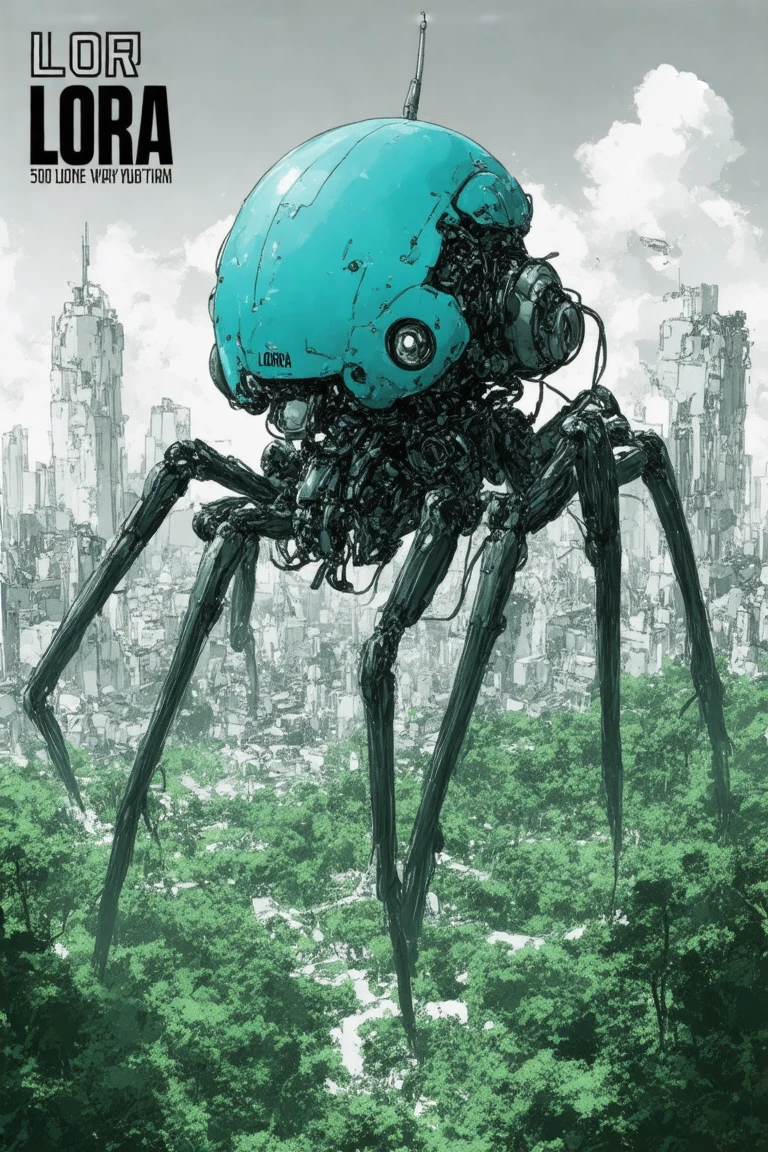 This is mostly  black and white, highly detailed manga illustration depicting a massive,  nihei mechanical creature  nihei towering over the ruins of a green garden metropolis overgrown with vegetation reclaimed by nature after 5000 years. The  nihei creature, resembling a giant mechanical spider, has a spherical, bulbous head with numerous mechanical appendages and sensors. Its body is composed of intricate, interwoven metallic structures, with cables and tubes connecting various components. The creature's eyes, located on the top of its head, are large and bulbous, with intricate detailing within the lenses.

 This image is a digital drawing in a stylized, modern comic book art style. It features a futuristic, robotic character named "LORA" prominently displayed in the center. The robot is primarily turquoise with a sleek, mechanical design. It has a spherical head with a single, circular eye and a large, round antenna. The torso is cylindrical with several circular, metallic panels. The robot's arms and legs are jointed and appear to be capable of movement, with detailed mechanical parts visible.

The scene evokes a sense of awe and fear