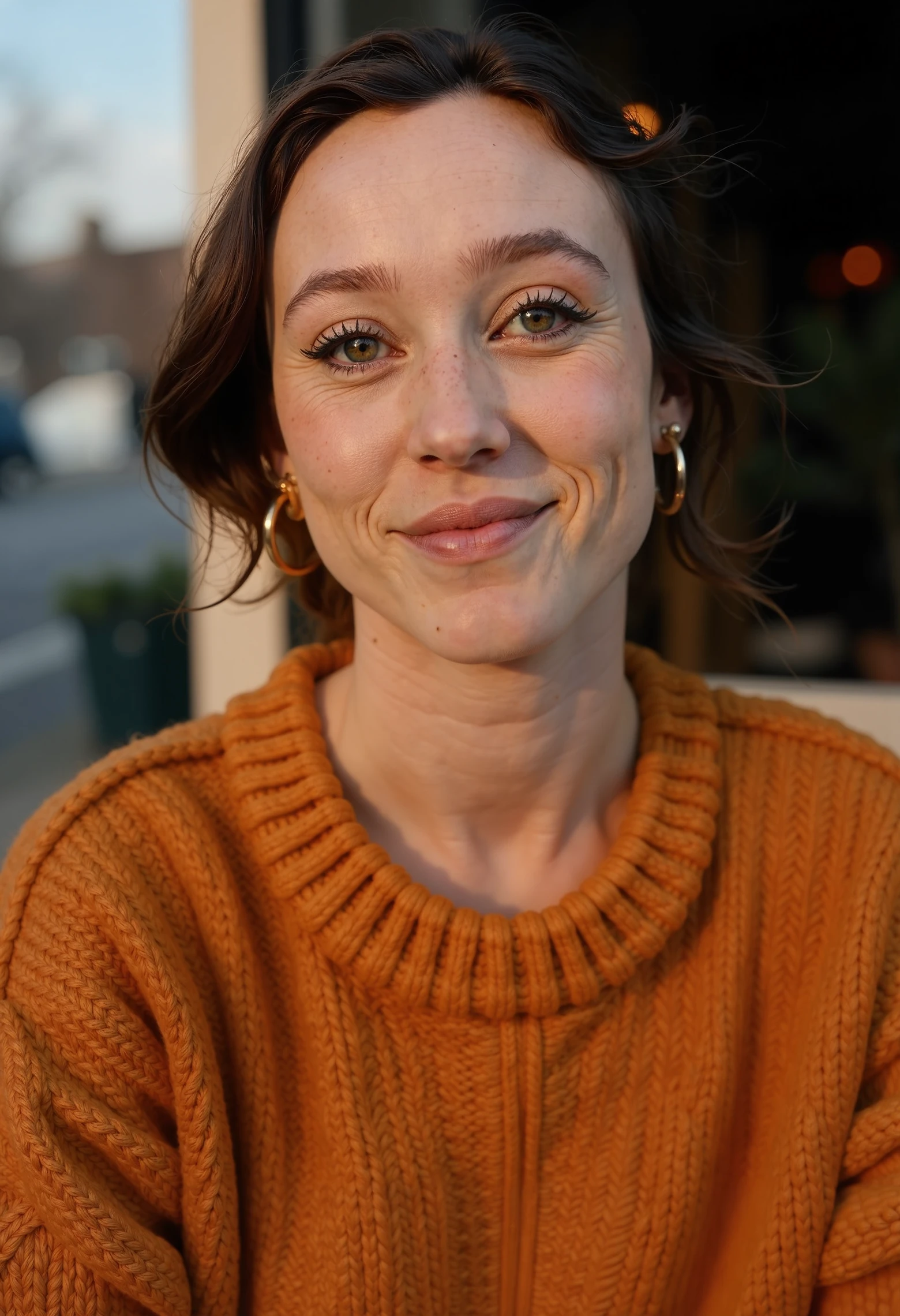 Suzanne Schulting, a woman leaning against a city café window, wearing a cozy autumn sweater, golden hour lighting, soft focus with background blur, high detail on fabric texture, warm tones, editorial quality, depth of field, vibrant colors, photorealistic skin texture, subtle film grain