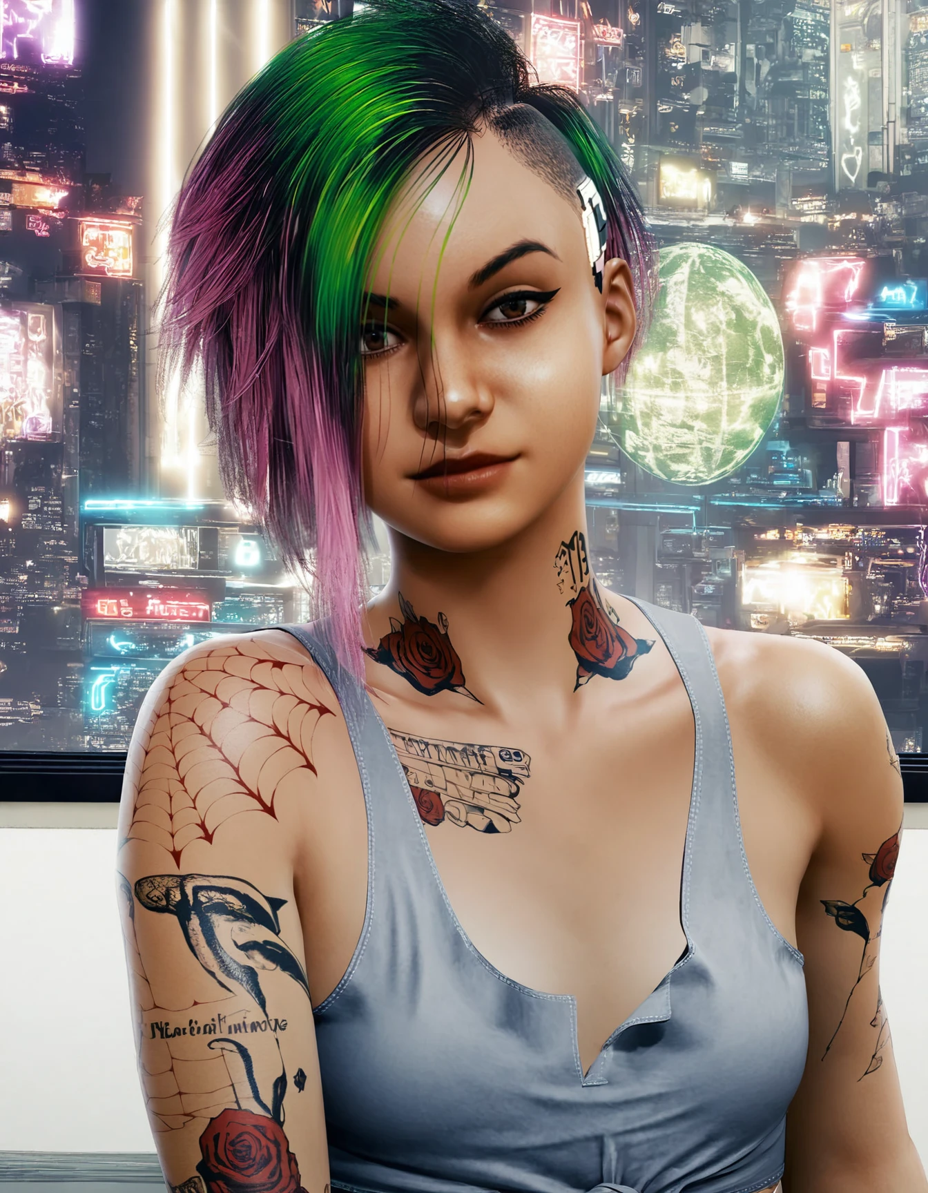 judy alvarez, 1girl, solo, tattoo, short hair, multicolored hair, green hair, looking at viewer, realistic, undercut, pink hair, two-tone hair, makeup, asymmetrical hair, eye makeup, brown eyes, arm tattoo,  <lora:Judy-Alvarez-Pony:0.9>
BREAK
level_9, level_8_up, level_7_up, level_6_up, level_5_up, source_cartoon, masterpiece 
BREAK
small breasts, indoor, neon lights,