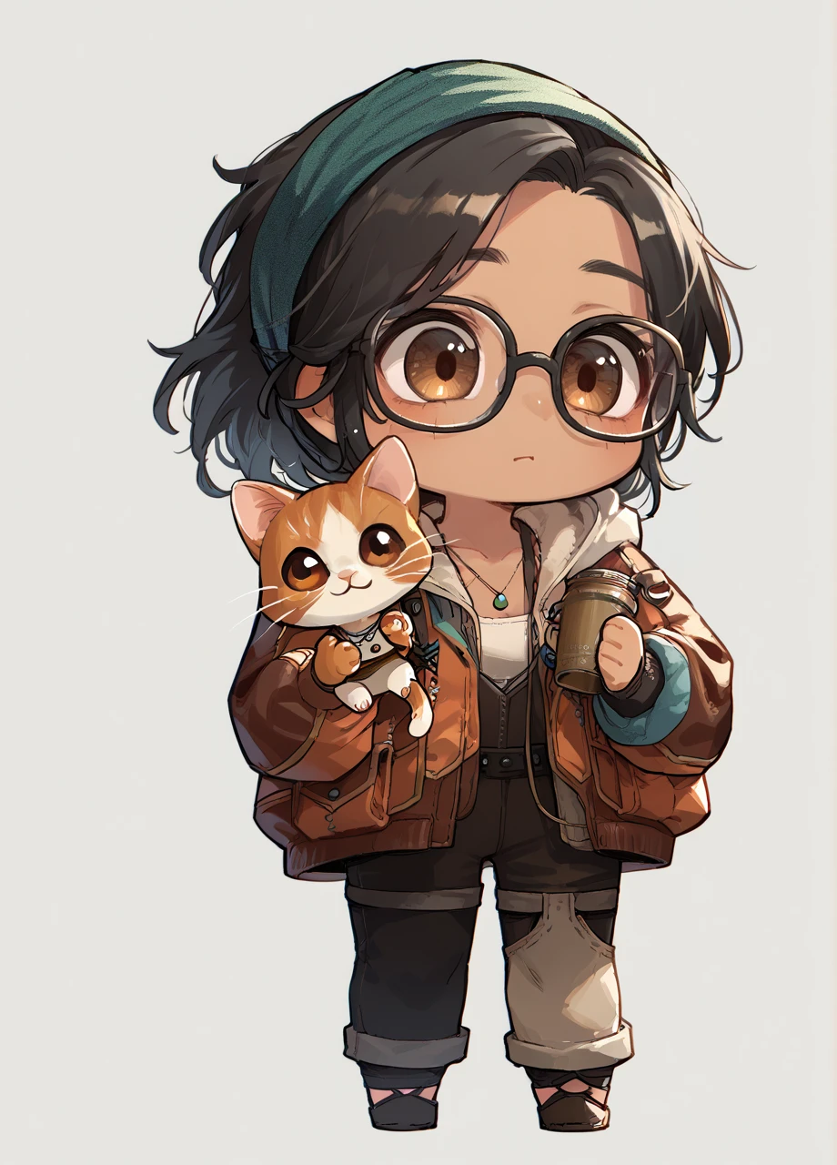 1girl, solo, mhralma, black hair, brown eyes, tan, glasses, hairband, necklace, jacket, pants, full body, chibi, holding cat, palico, simple background <lora:MHW_Alma-PONY:0.8>, score_9, score_8_up, score_7_up, score_6_up,