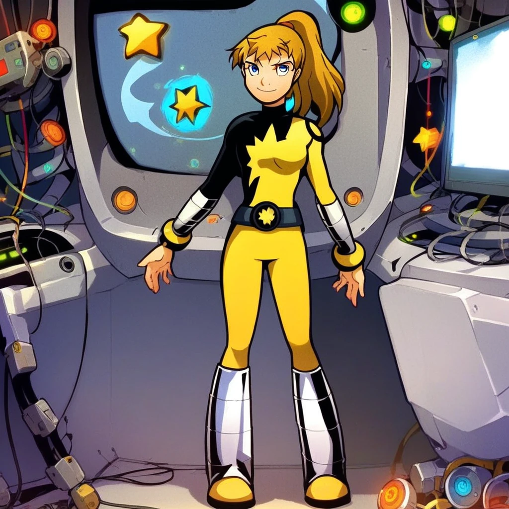 score_8, score_8_up, score_7_up, source_anime, anime screenshot, 1girl, female focus, solo, Future_Katie, blonde hair, ponytail, blue eyes, turtleneck, Power Pack uniform, asymmetrical clothes, star (symbol), ener_logo, print bodysuit, yellow bodysuit, black bodysuit, bracers, metal bracers, belt, metal boots, looking at viewer, smile, full body, standing, arms at side, indoors, technology, computer, control panel, computer monitor, computer terminal,