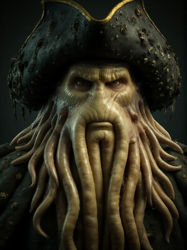 Davy Jones wears a pirate hat closeup face portrait <lora:Davy_Jones:0.9>