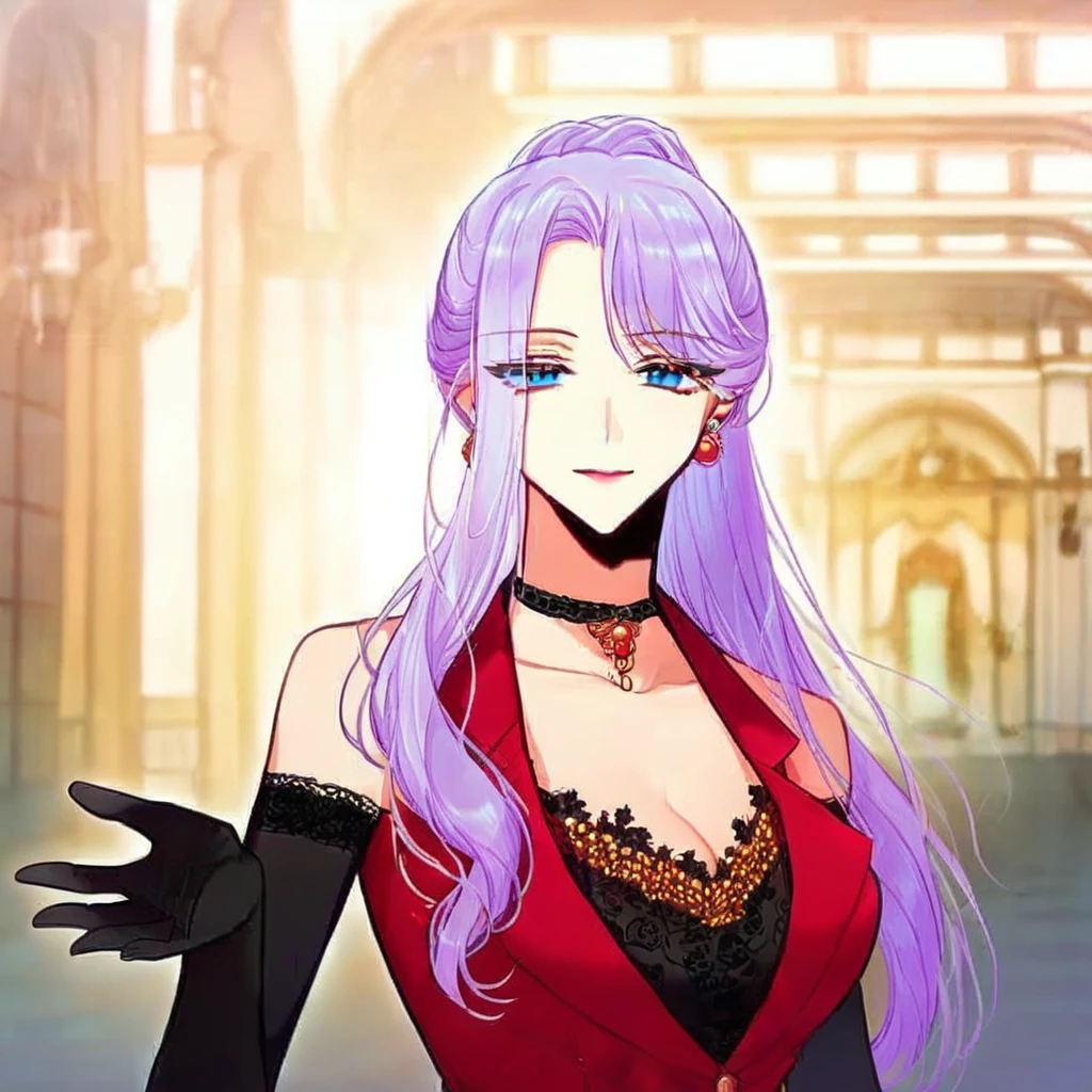 (masterpiece), absurdres, ultra detailed, expressive eyes, beautiful face, score_9, score_8_up, score_7_up, source_anime, 
1girl, gracie lancaster, solo, long hair, large breasts, blue eyes, gloves, smile, dress, looking at viewer, holding, jewelry, collarbone, collarbone, ponytail, purple hair, earrings, choker, black gloves, elbow gloves, red dress, full_body, Ballroom, Palace,