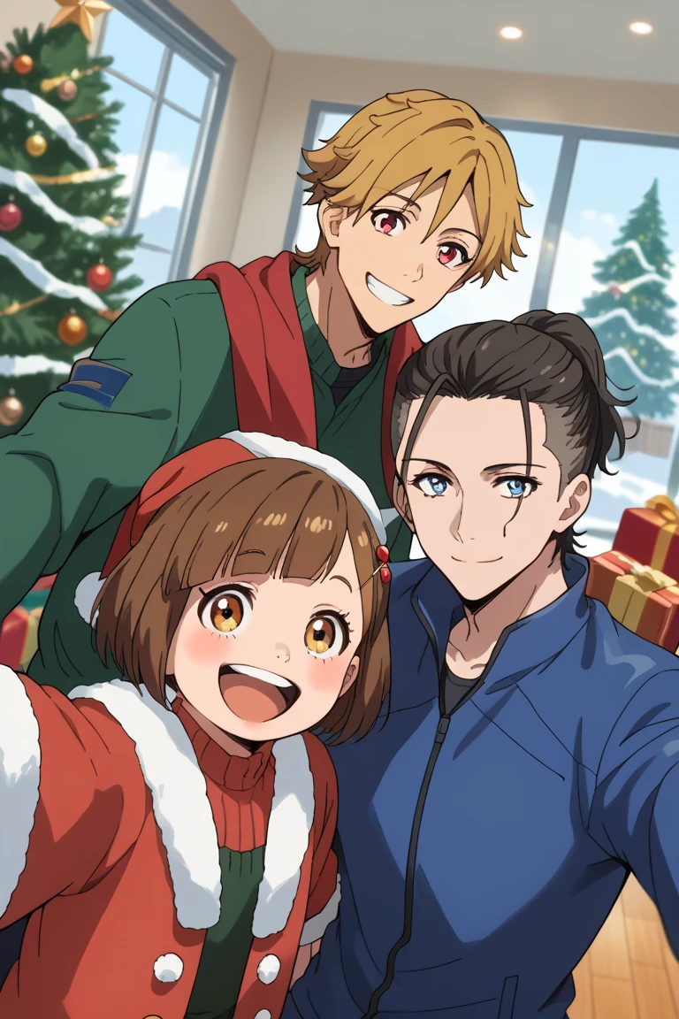 score_9, score_8_up, score_7_up, source_anime, rating_safe, day, natural lighting, Christmas, family focus, selfie, smiling, ReiBD, black-grey_Rei_short ponytail, blue_Rei_2ndmale eyes, closed mouth, 2ndboy, KazukiBD, yellowish brown_Kazuki_1stmale hair, red_Kazuki_1stmale eyes, teeth, 1stboy, MiriBD, brown_Miri_female hair, brown_Miri_female eyes, open mouth, 1female child, happy, blurry indoors, Christmas tree, presents, scenery, dutch angle, intricately detailed illustration, atmospheric perspective, depth of field