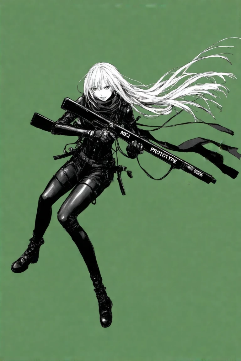 This image is a black-and-white digital drawing by Tsutomu Nihei , featuring a female warrior character with a fierce, determined expression. She has long, flowing white hair that cascades down her back and a large, black scarf that trails behind her, adding to her dynamic and intense appearance. the background is green and implies the girl  is falling mid-air. Her skin is pale, and she wears a form-fitting, black, armored outfit with intricate, metallic details that give it a high-tech, futuristic look. The armor covers her chest, shoulders, and arms, with thigh-high black boots completing her ensemble. She wields a large, black beam rifle weapon with a futuristic design, which she holds with both hands , and cables attached to a backpack. On the barrel of the gun is the white text "MK 2 PROTOTYPE" The gun is extremely long and had a blocky shape of  brutalist high-tech simplicity. The background is a simple, solid gray, which contrasts starkly with the character's dark, detailed outfit and the bright white of her hair and weapon. The overall composition is dynamic, with the character's pose suggesting movement and readiness for action. The drawing style is characterized by sharp lines, bold shading, and a high level of detail, emphasizing the character's strength and readiness for battle.