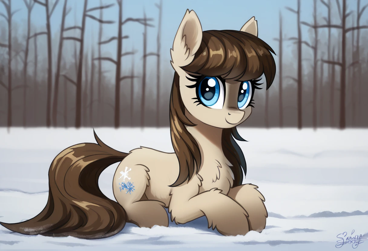 score_9, score_8_up, score_7_up, score_6_up, score_5_up, score_4_up, rating_safe, oc:frosty flakes, earth pony, female, pony, solo, cute, fluffy, high res, oc, outdoors, prone, snow, lying down, ear fluff, looking away, oc only, sweet dreams fuel, three quarter view, yakutian horse, snow mare, detailed, beautiful, detailed background, <lora:Wholesome-MLP-v1.3b:1>, <lora:Snow_Ponies-000008:1>