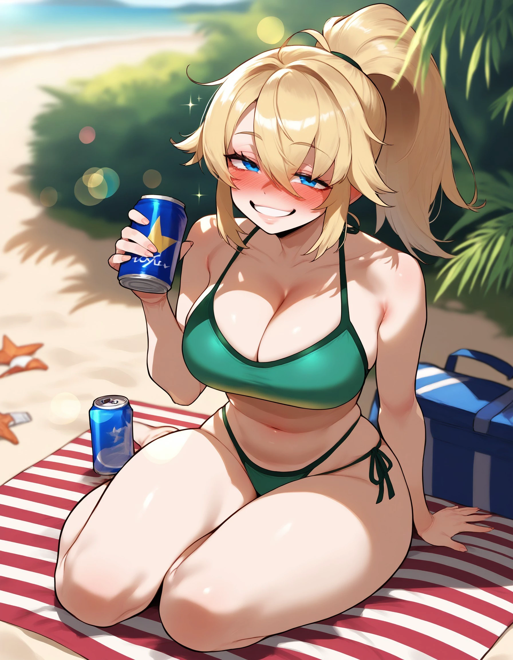 score_9, score_8_up, score_7_up, rating_explicit, source_anime, outdoors, beach, scenery, depth of field, bokeh,
BREAK
1girl, lilyadef, blonde hair, long hair, ponytail, blue eyes, large breasts, wide hips, green bikini, highleg panties, side-tie bikini bottom, sitting, beach towel, holding can, blush, drunk, half-closed eyes, big smile, :d, looking at viewer, full body, v over eyes,
<lora:r1999lilya-pdxl-ravenfoot-v1-CAME:1.0>