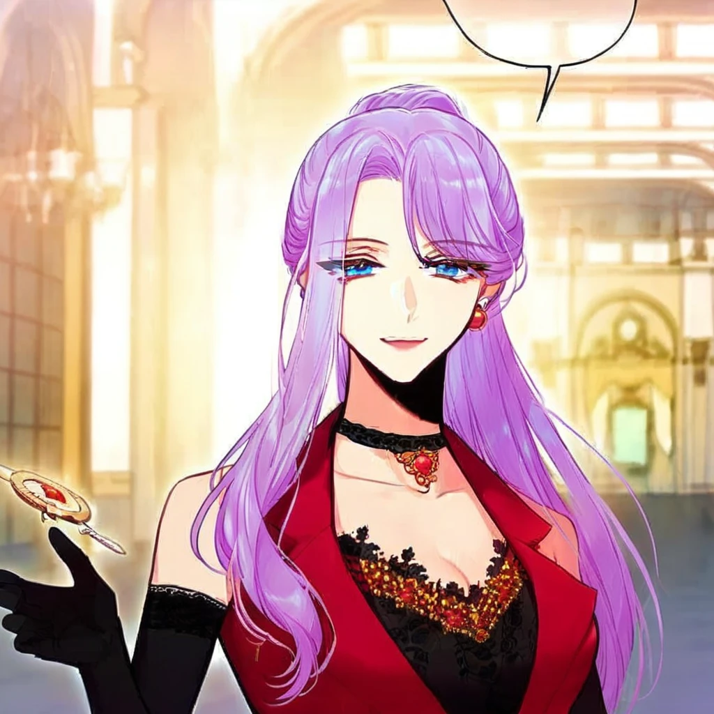 (masterpiece), absurdres, ultra detailed, expressive eyes, beautiful face, score_9, score_8_up, score_7_up, source_anime, 
1girl, gracie lancaster, solo, long hair, large breasts, blue eyes, gloves, smile, dress, looking at viewer, holding, jewelry, collarbone, collarbone, ponytail, purple hair, earrings, choker, black gloves, elbow gloves, red dress, full_body, Ballroom, Palace,