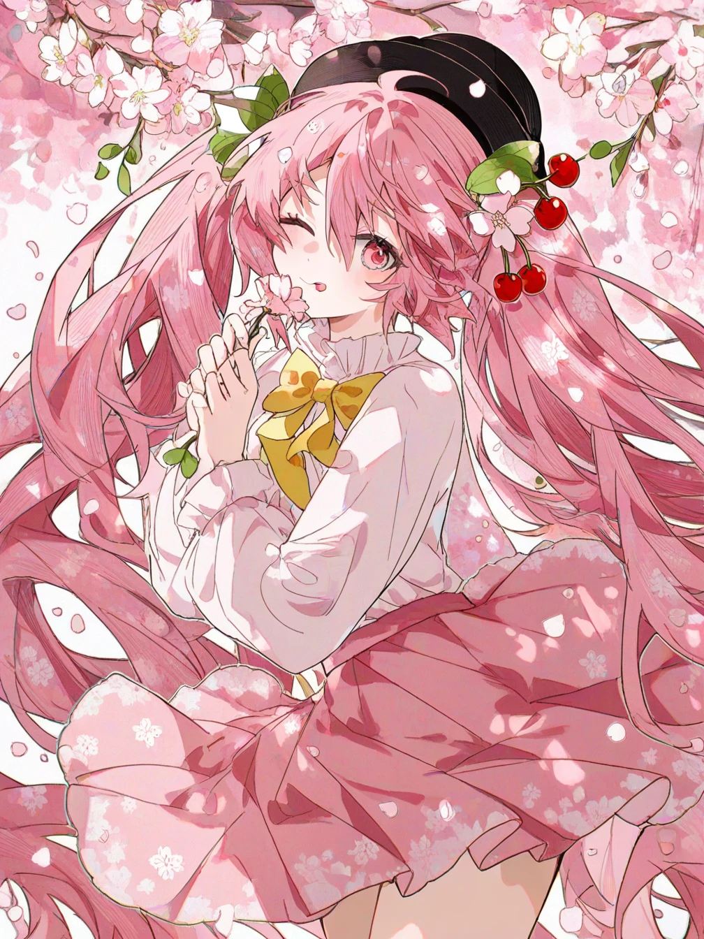 1girl,cherry hair ornament,sakura miku,pink eyes,pink hair,pink skirt,white shirt,hatsune miku,skirt,shirt,bowler hat,long hair,twintails,flower,bow,holding flower,hat,cherry blossoms,pink theme,long sleeves,petals,holding,white bow,very long hair,beret,one eye closed,looking at viewer,food-themed hair ornament,hair bow,black headwear,hair ornament,falling petals,tongue,yellow bow,
<lora:ill-xl-01-sunfish_1-000034:1>,, masterpiece, best quality, newest,