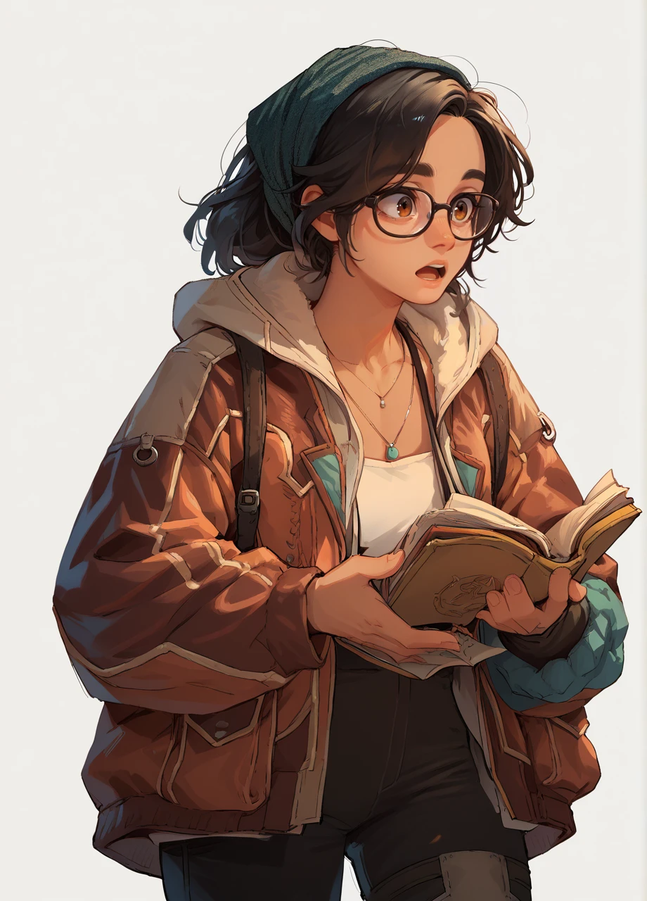 1girl, solo, mhralma, black hair, brown eyes, tan, glasses, hairband, necklace, jacket, reading book, open mouth, pants, cowboy shot, simple background <lora:MHW_Alma-PONY:0.8>, score_9, score_8_up, score_7_up, score_6_up,